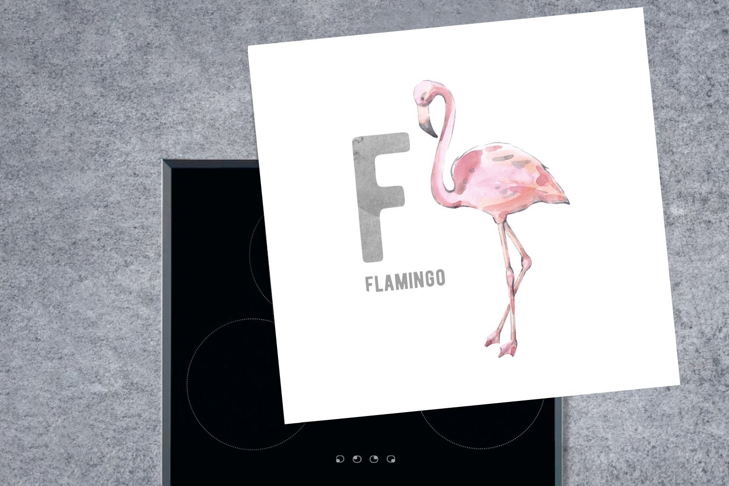 Vinyl, Flamingo, - - cm, 78x78 Arbeitsplatte (1 Alphabet für MuchoWow küche Herdblende-/Abdeckplatte tlg), Ceranfeldabdeckung, Buchstaben