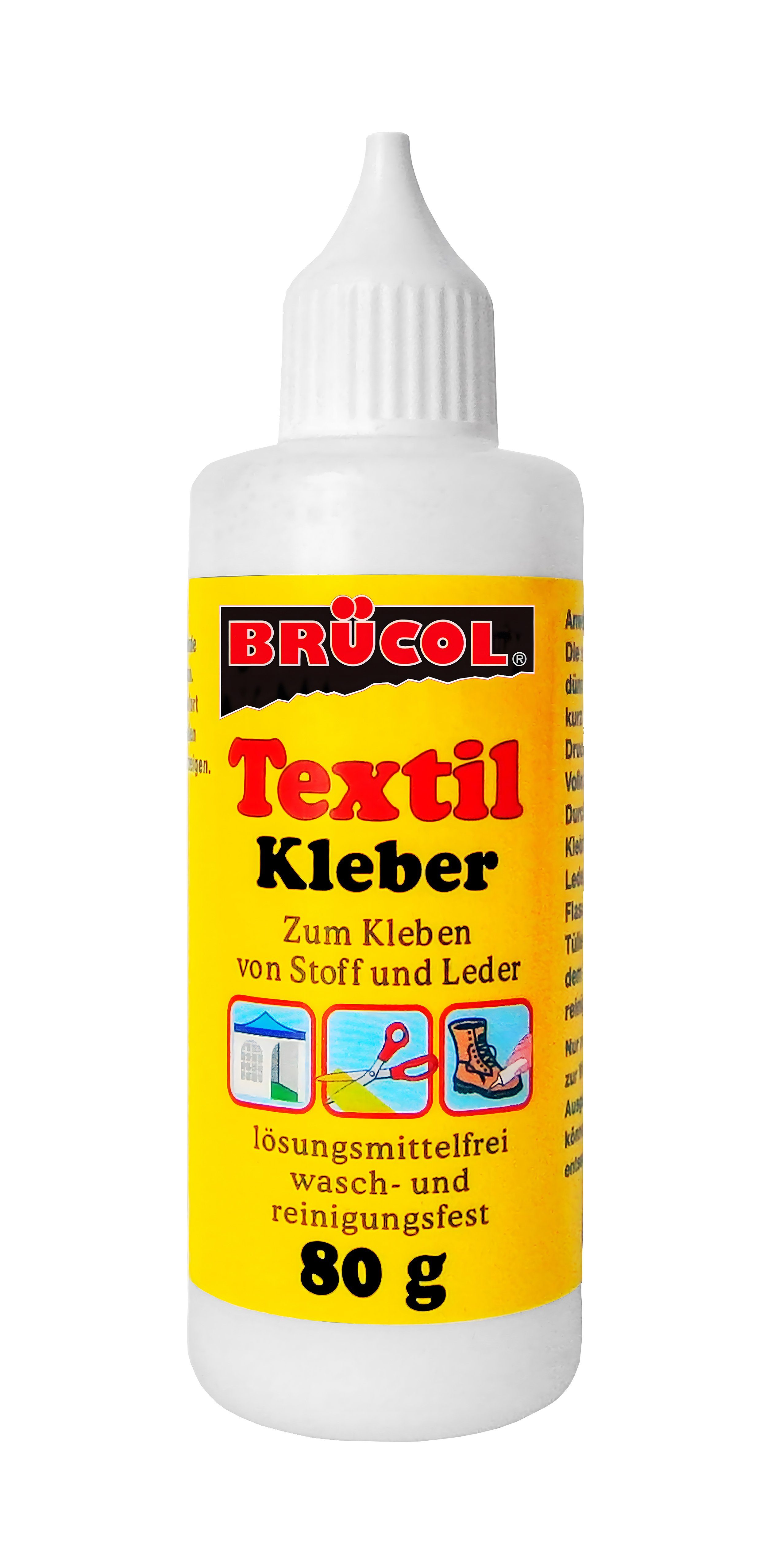 BRÜCOL Bastelkleber TEXTIL KLEBER 80ml Texilkleber Textilklebstoff Stoffkleber, (1-tlg), Lederkleber Gewebekleber Gewebeklebstoff Gewebe Stoff