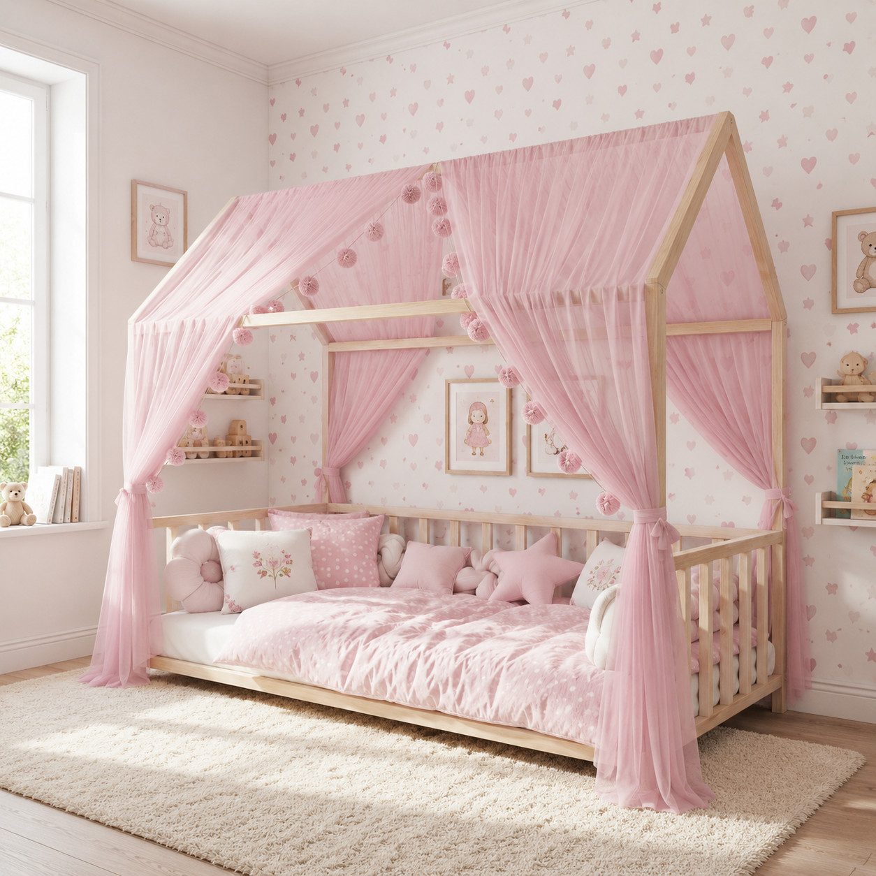 Baby Fancyroom Betthimmel Betthimmel Tüll Hausbett Kinderbett 2 Stück 340cm 380cm Montessori (3-tlg. Set mit 2x Betthimmel und einer 20er Pomponkette, Baldachin, Kinder Betthimmel Baldachin Himmel Deko Set), Betthimmel für Hausbett Montessori