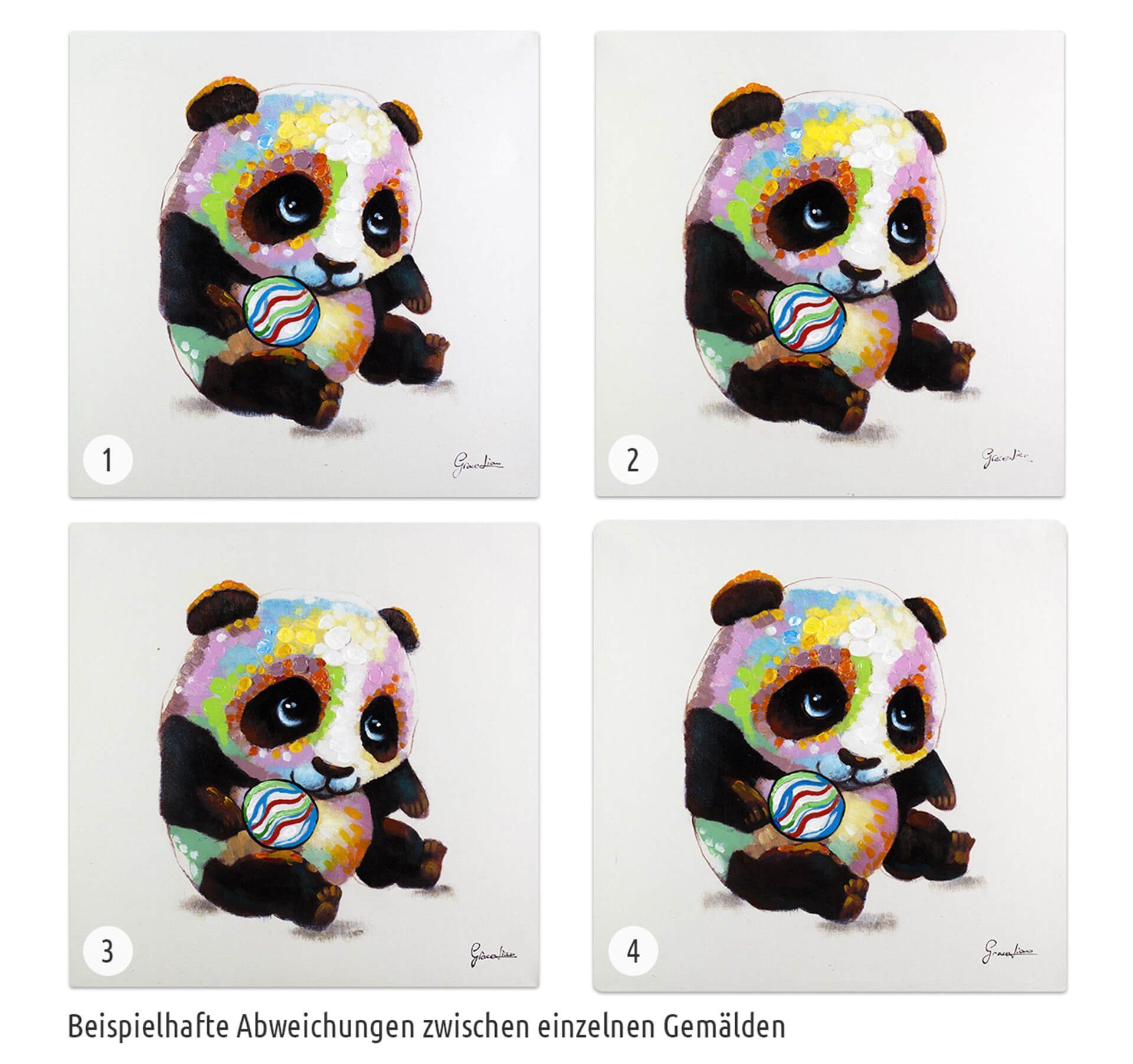 Leinwandbild Panda Wandbild Spielender cm, 100% 60x60 HANDGEMALT Gemälde KUNSTLOFT Wohnzimmer