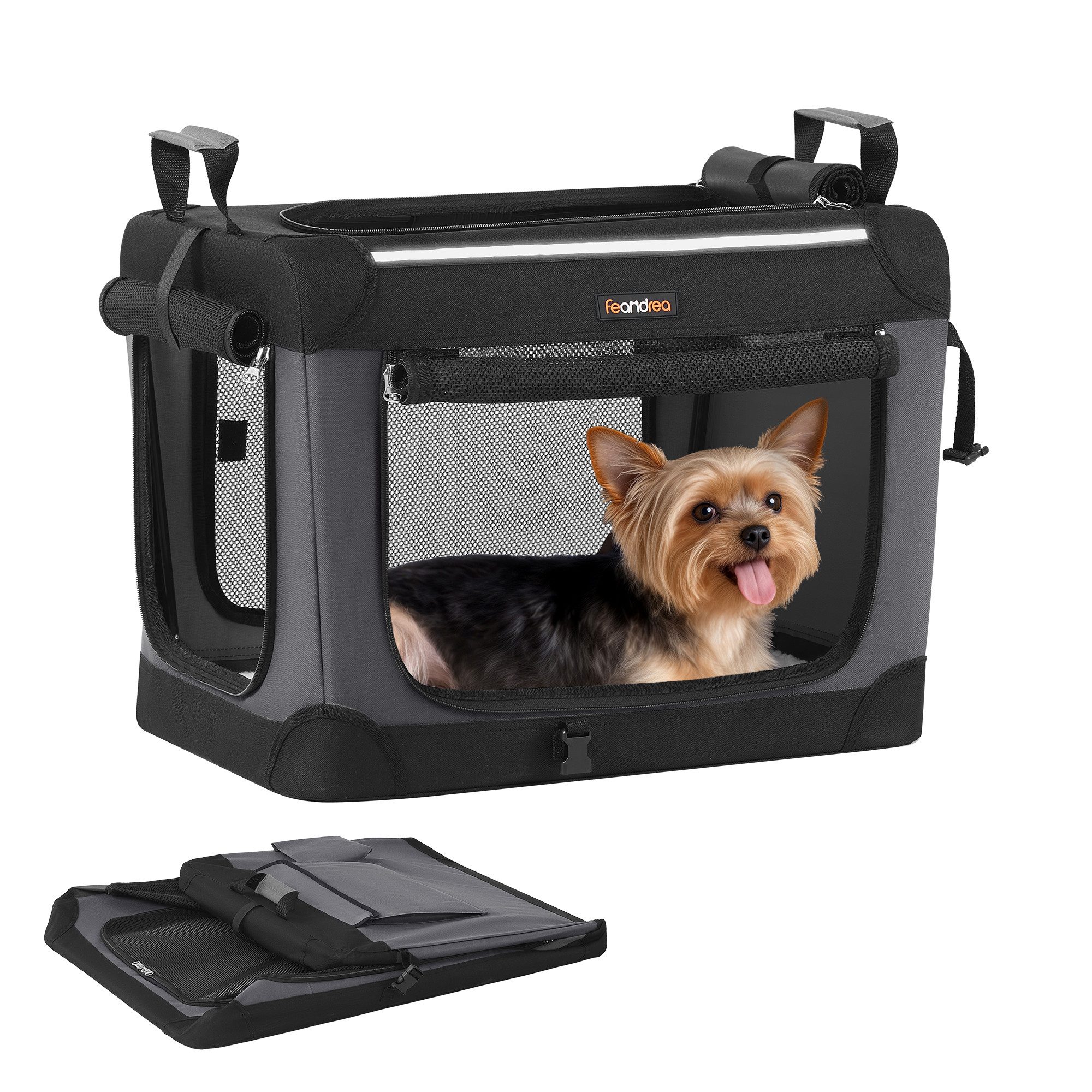 FEANDREA Tiertransporttasche Hundebox faltbar, Hundetasche, Taschen für Futter und Wasserflasche, Griffen, 4 Türen aus Netzstoff, …