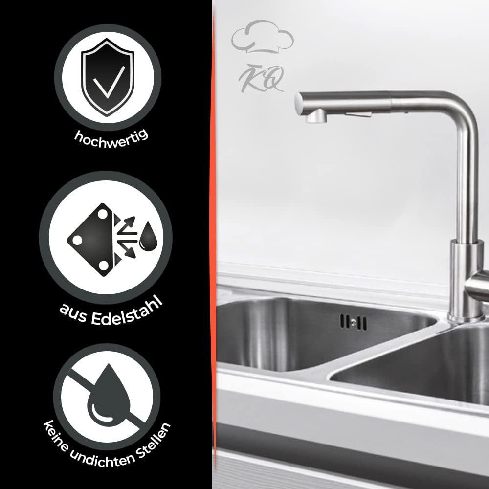 KitchenQuality Küchenarmatur Küchenarmatur 31 cm hoch aus Edelstahl, ausziehbar & 360° schwenkbar Gebürstete Oberfläche, Brause mit Umschalter, einfache Montage
