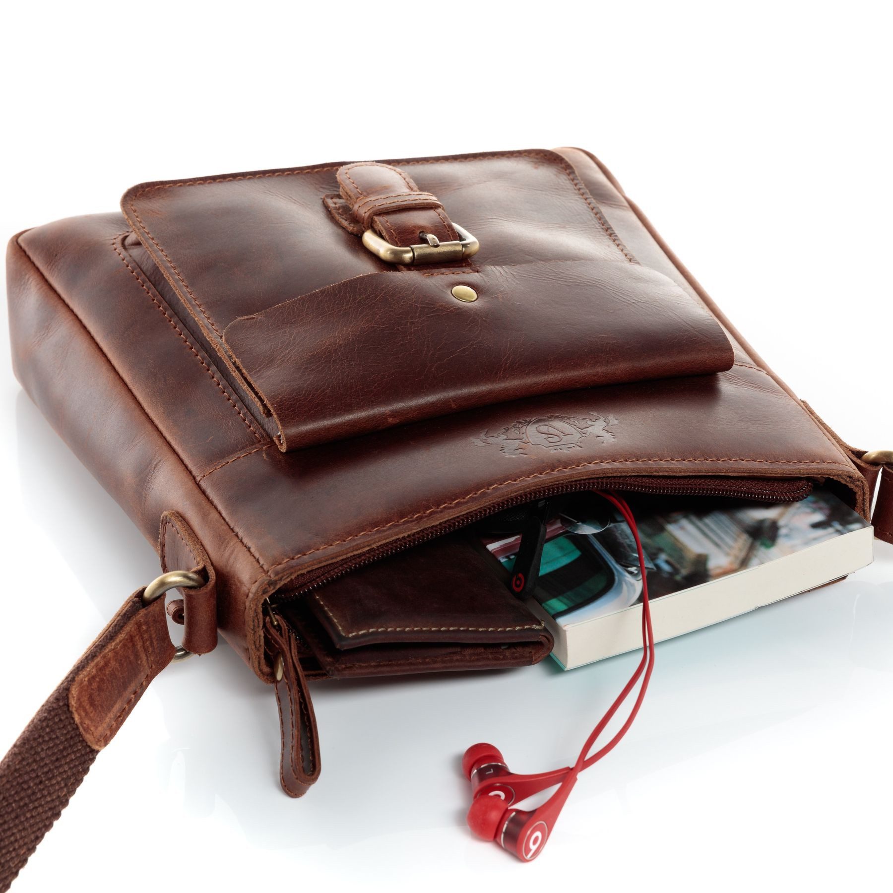 SID & VAIN Umhängetasche YALE Umhängetasche Cross-Body Bag echt Leder, Ledertasche Schultertasche Herren Damen Messenger Bag braun – Bild 5 von 5