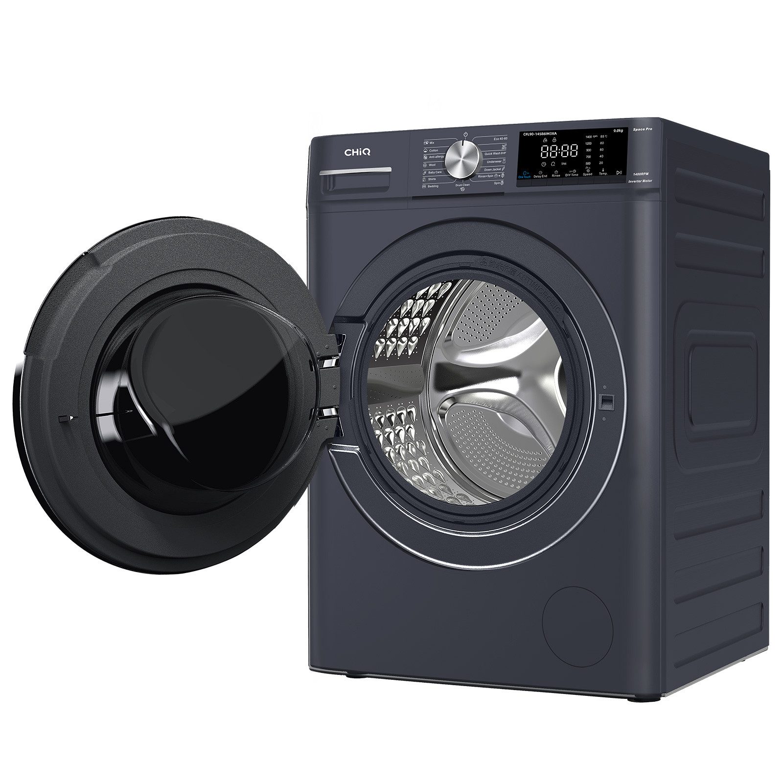 CHiQ Waschmaschine Space Pro Große Kapazität, 16 Programme, 9 kg, 1400 U/min, Inverter-Motor, Dampfwäsche, 12 Jahre Gratis Garantie auf den Motor