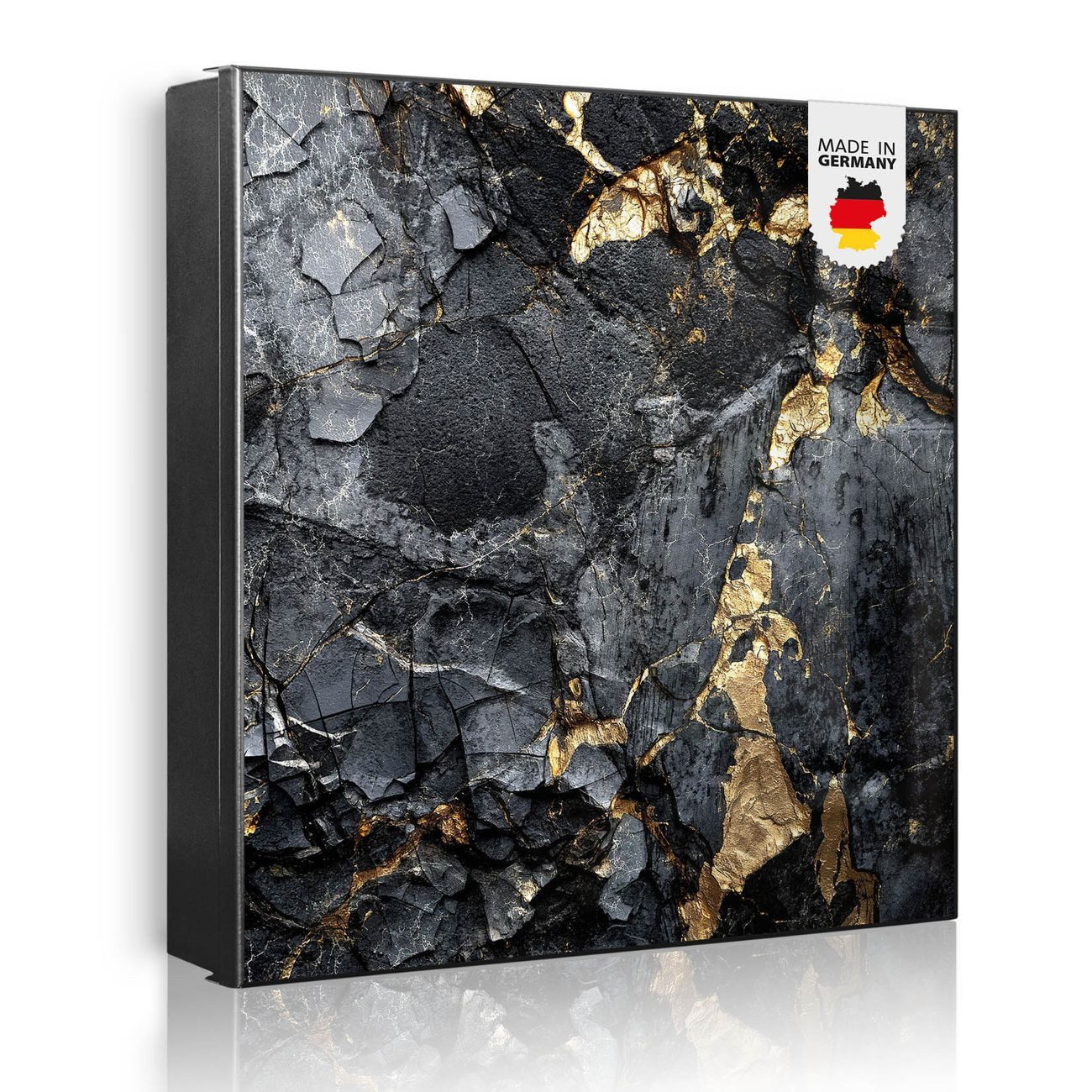 banjado Schlüsselkasten aus Metall mit Motiv Schwarzer Marmor mit Gold 1 (Stahl Gehäuse, mit 32 Haken, beschreibbar & magnetisch), 30 x 30 x 5 cm