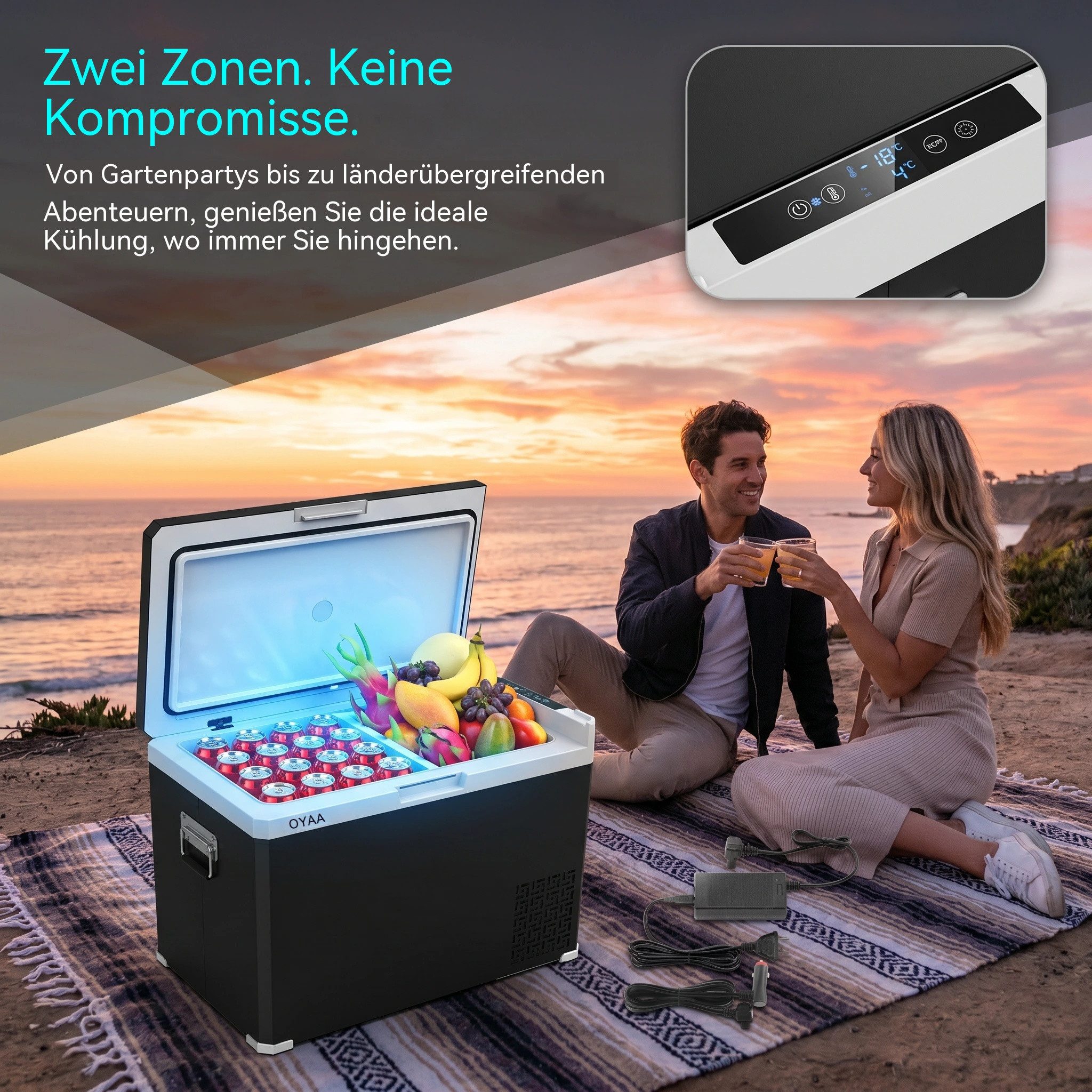 oyajia Elektrische Kühlbox Kompressor Gefriertruhe mobiler Kühlschrank, Kühltruhe, Gefrierbox, 50 l, Dual-Zone (20°C bis +20°C), 12V/24V/230V, APP Steuerung, Trennwand