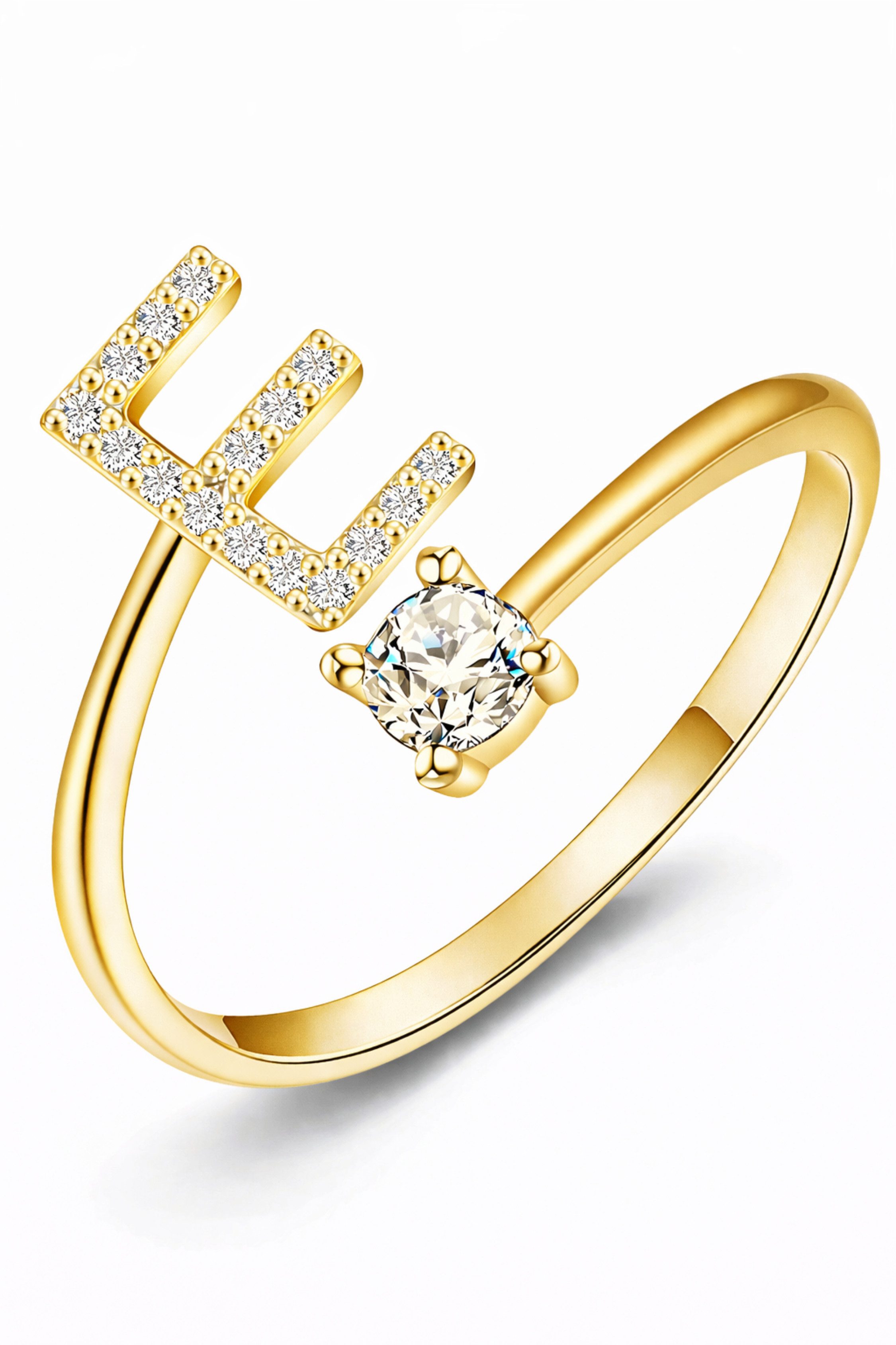 S&T Design Fingerring Buchstaben Ring Damen 14K Gold Vergoldet Silber Verstellbar Wasserfest (Goldring Geschenke für Frauen Freundin Mädchen Schmuck, 1-tlg., Buchstabenring), Damenring langlebigem Edelstahl Verstellbare Größe 50 - 60 Modeschmuck