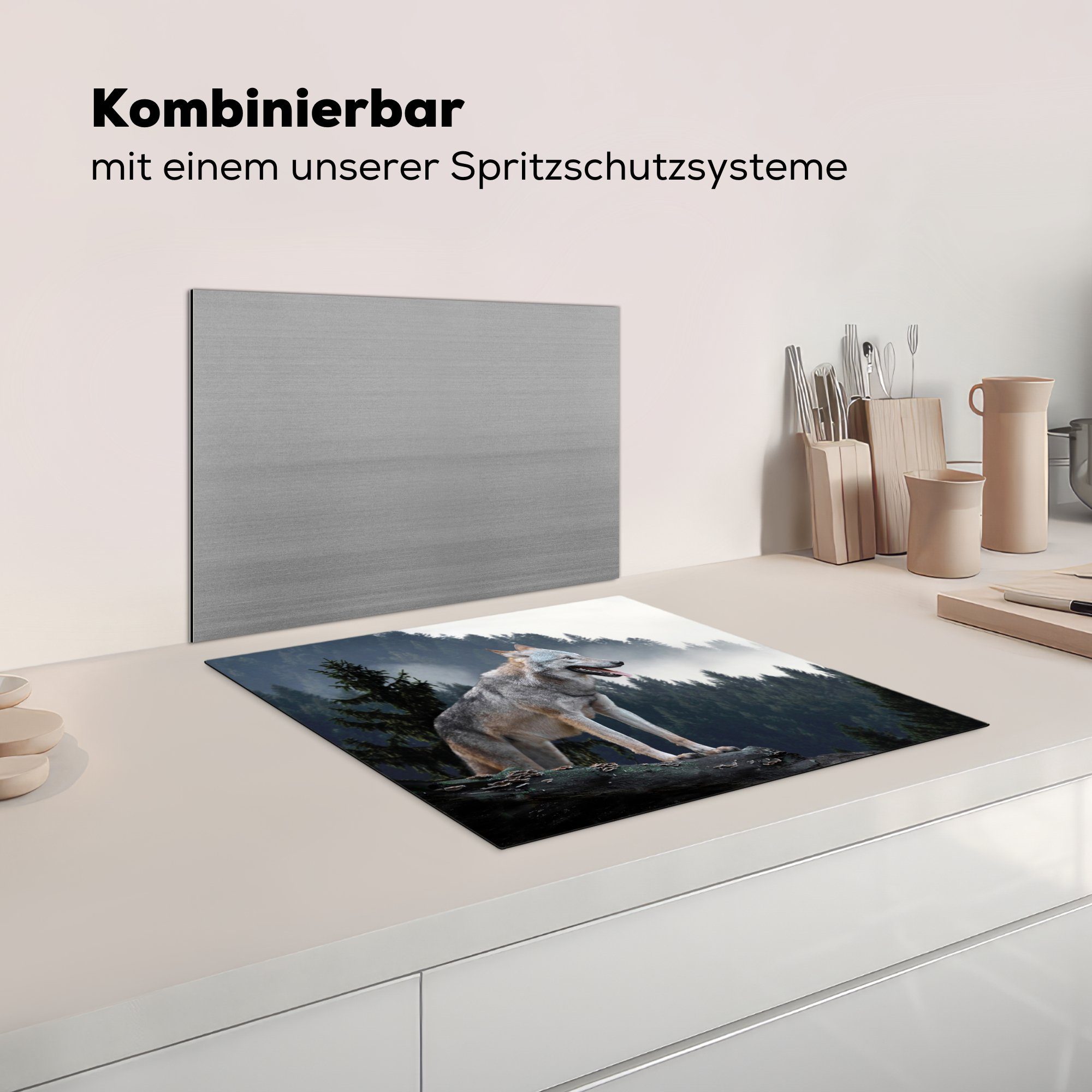 - Dekoration cm, Herdblende-/Abdeckplatte Tier 58x51 Vinyl, Wolf Küchen Induktionsherd, MuchoWow - für Wald, Induktionskochfeld (1 tlg),