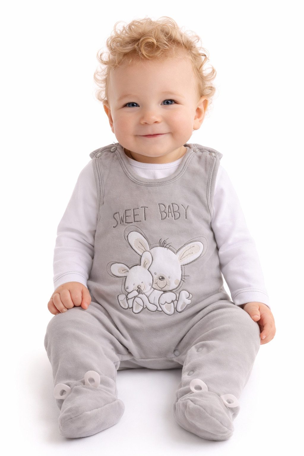 La Bortini Strampler Stramplerhose aus Velours und Shirt Baby Anzug in Grau mit Hasen aus Velours und Baumwolle, 44 50 56 62 68