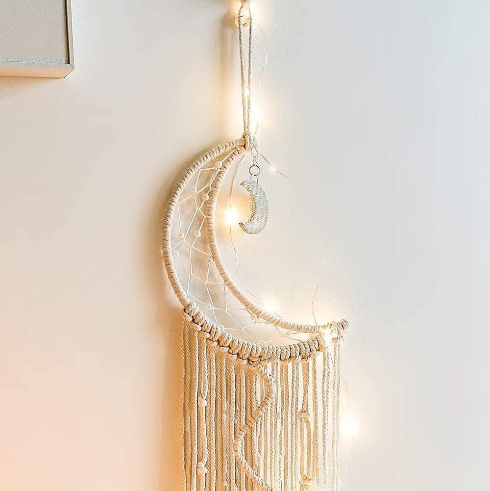 Holz Lichter Wanddekoobjekt Makramee Wandbehang Halbmond – Handgefertigte Boho Wanddekoration (Liebevolle Handarbeit, Warme Atmosphäre), Halbmond-Design mit Mak – Bild 5 von 5