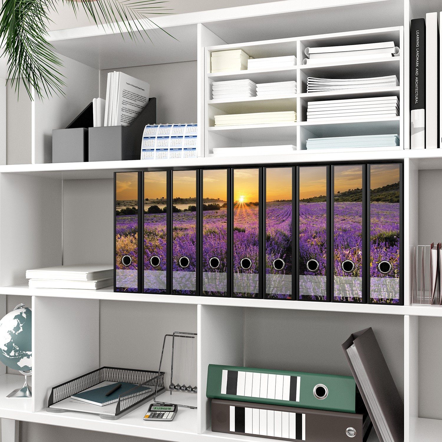 Thumbnail - Wallario Etiketten Sonnenuntergang über dem Lavendel, Ordnerrücken-Sticker in verschiedenen Ausführungen