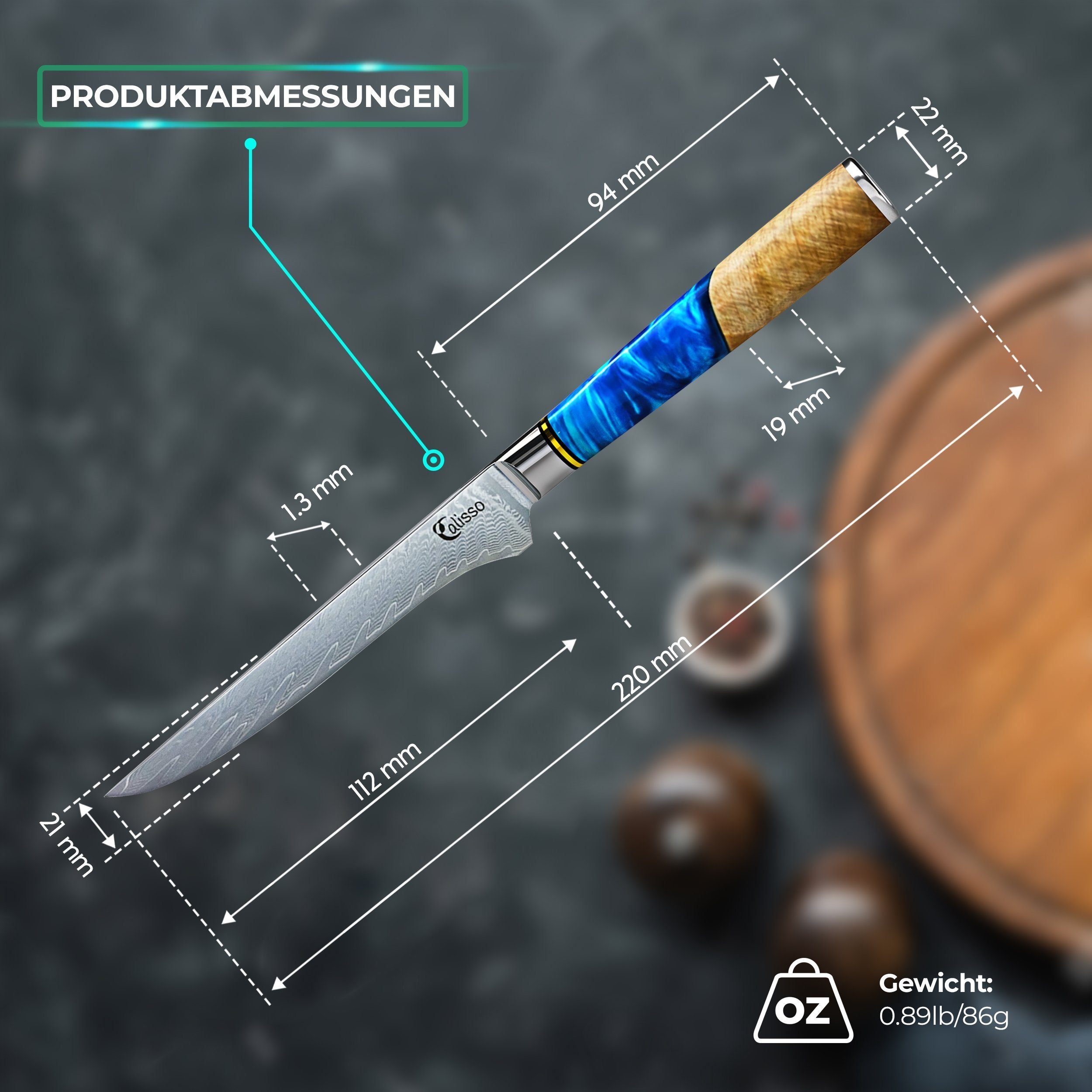 Calisso Filetiermesser Ausbeinmesser Aquamarine Line, Damastmesser