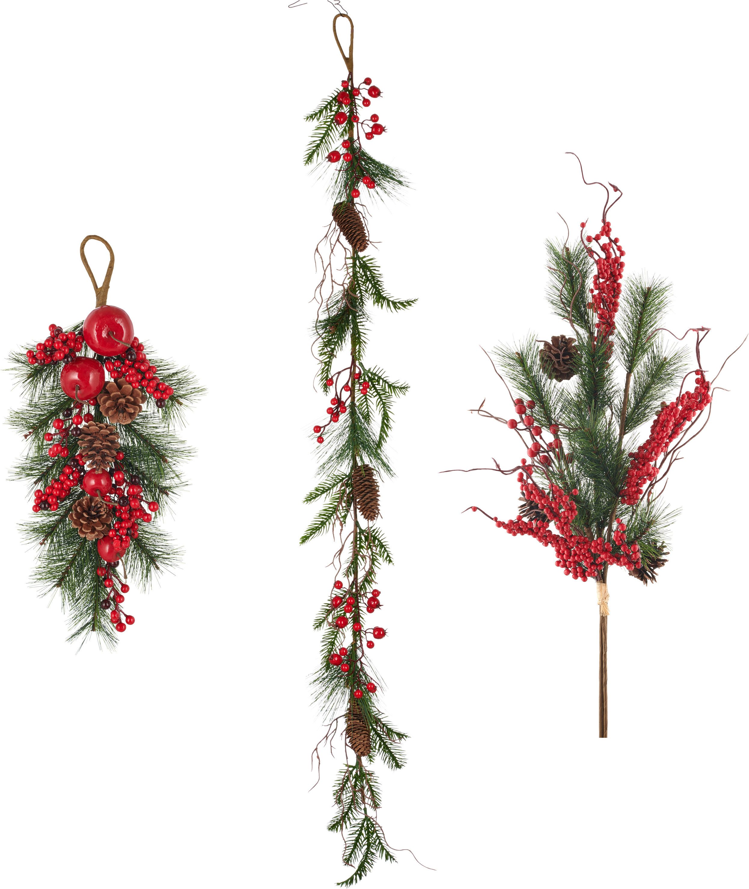 Winterliche Kunstpflanze 3er Set aus Türhänger, Girlande und Bouquet, OTTO home, Höhe 74 cm, mit Zapfen, Beeren und Äpfel dekoriert