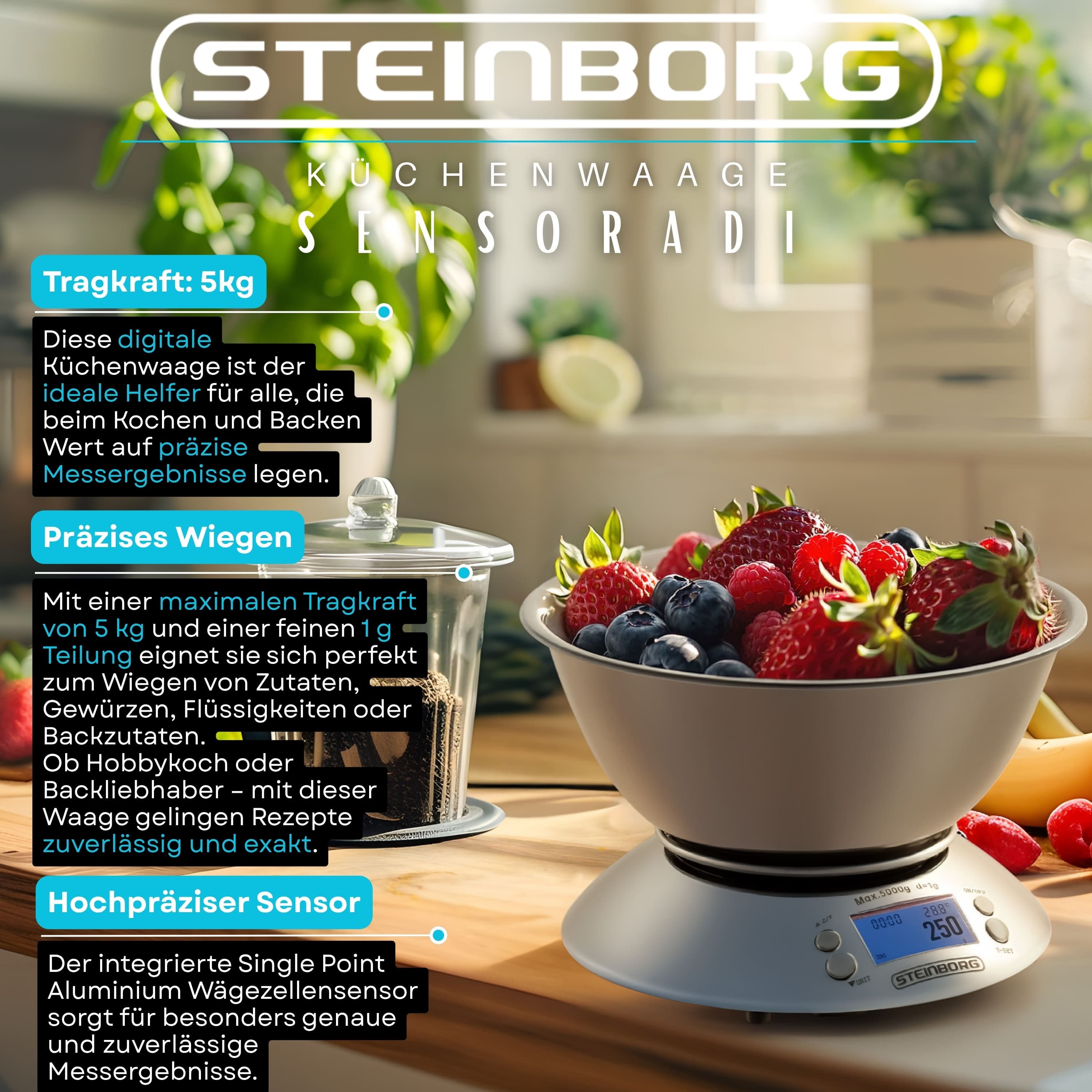 STEINBORG Küchenwaage SB-2660, Timer und Raumtemperaturfunktion