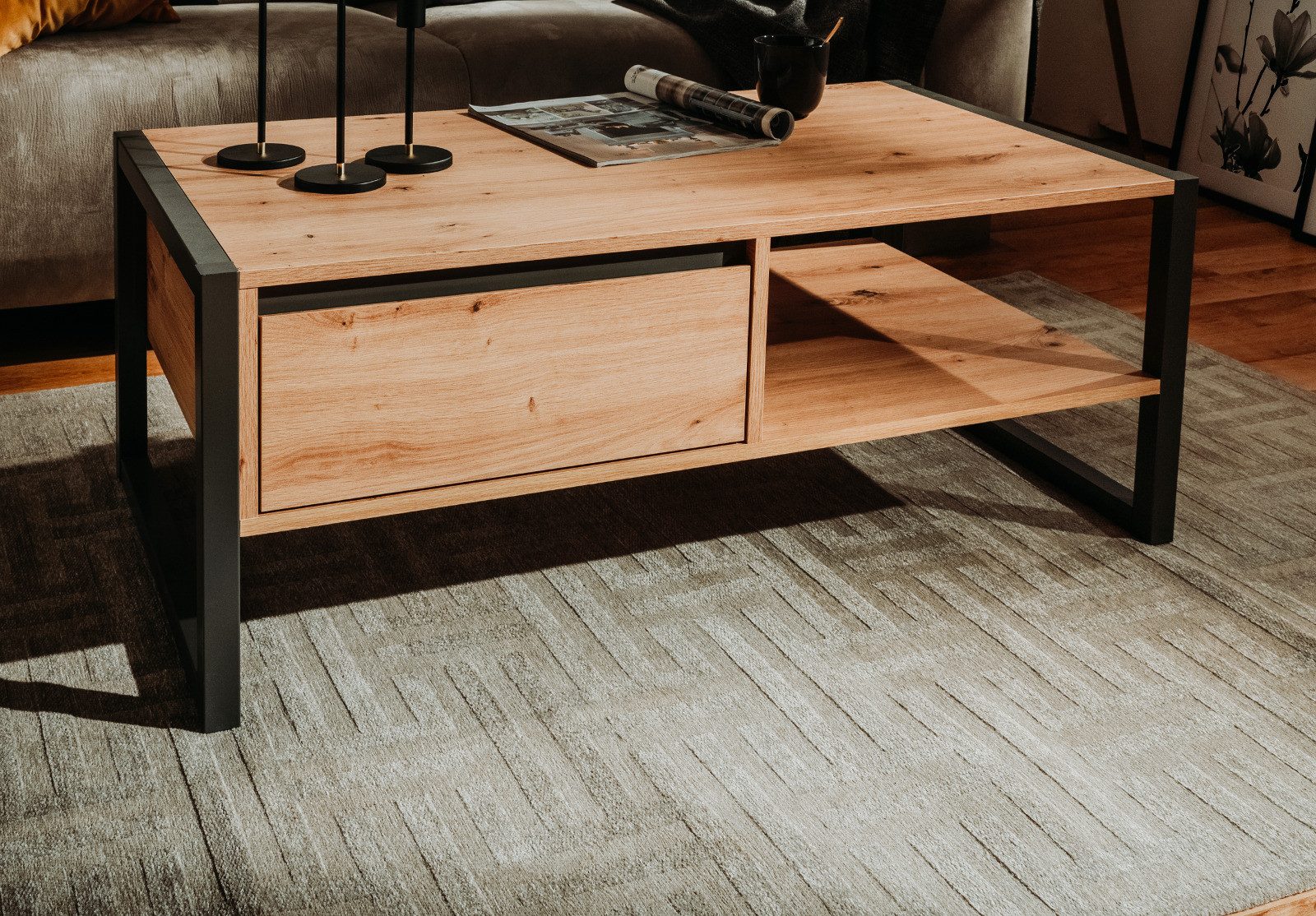 Furn.Design Couchtisch Malta (Wohnzimmer Tisch 100 x 55 cm, Eiche Artisan und Anthrazit), mit Schublade und Stauraum