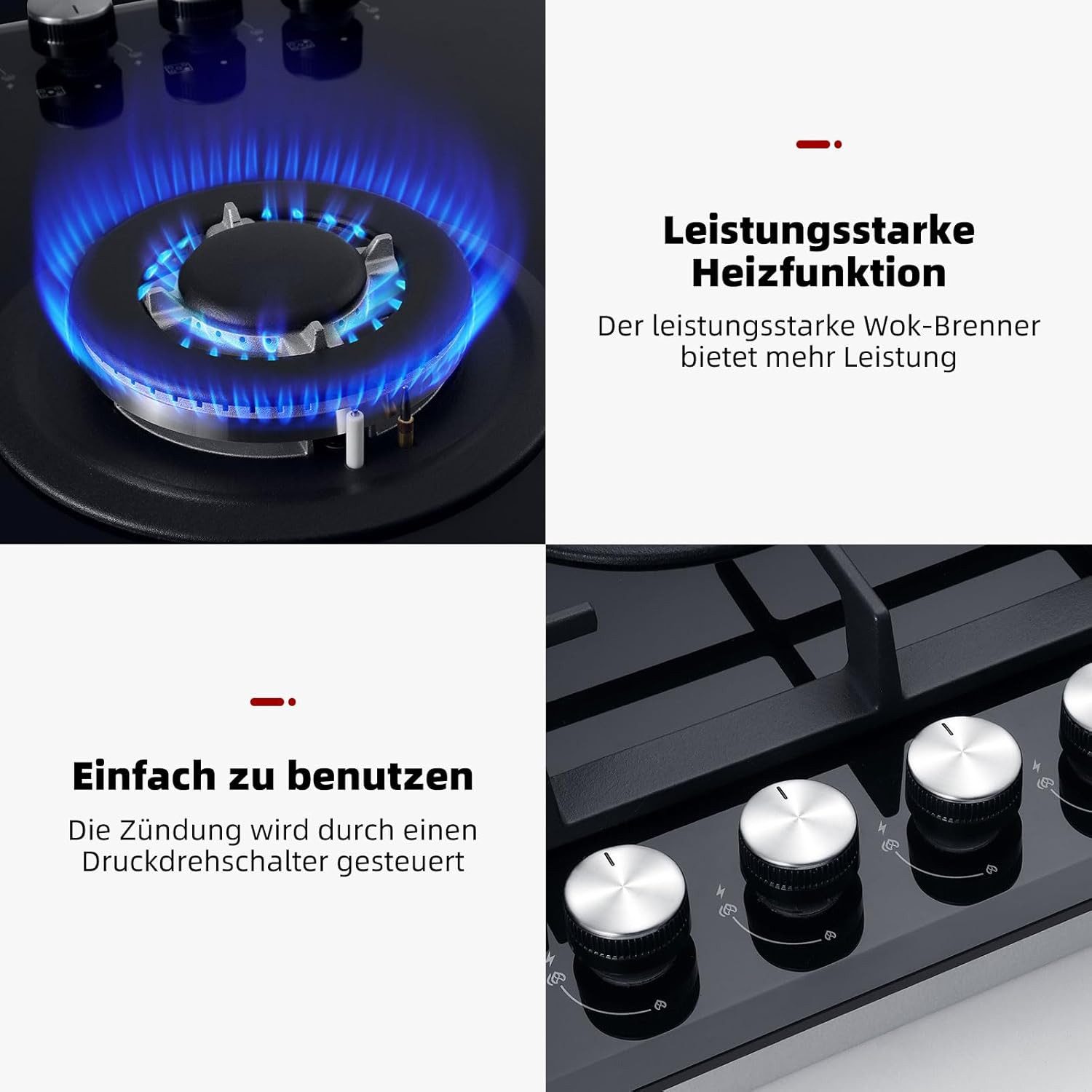 GASLAND Gas-Kochfeld GH2805BG1FC, 5-flammiges Gas-Kochfeld mit Wok, 76 cm, 10400 W, LPG/Erdgas, Schwarz – Bild 5 von 5