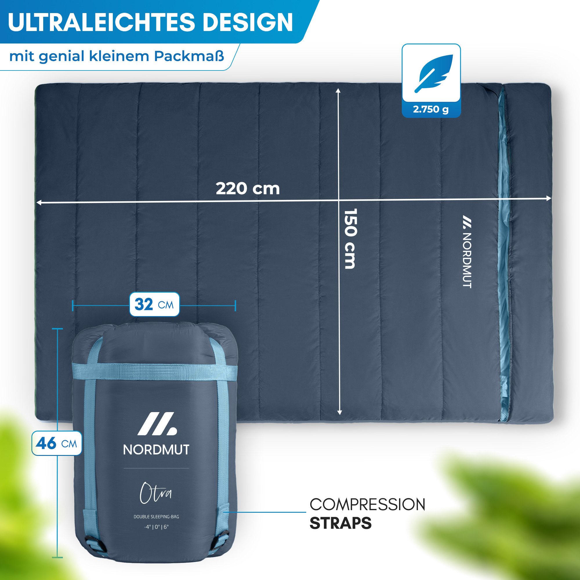Nordmut Doppelschlafsack Deckenschlafsack XXL 2 Personen Camping Outdoor, warm, koppelbar (Spar-Set, 2 tlg., Nordmut Otra + Kompressionsbeutel), wasserabweisend – Bild 5 von 5