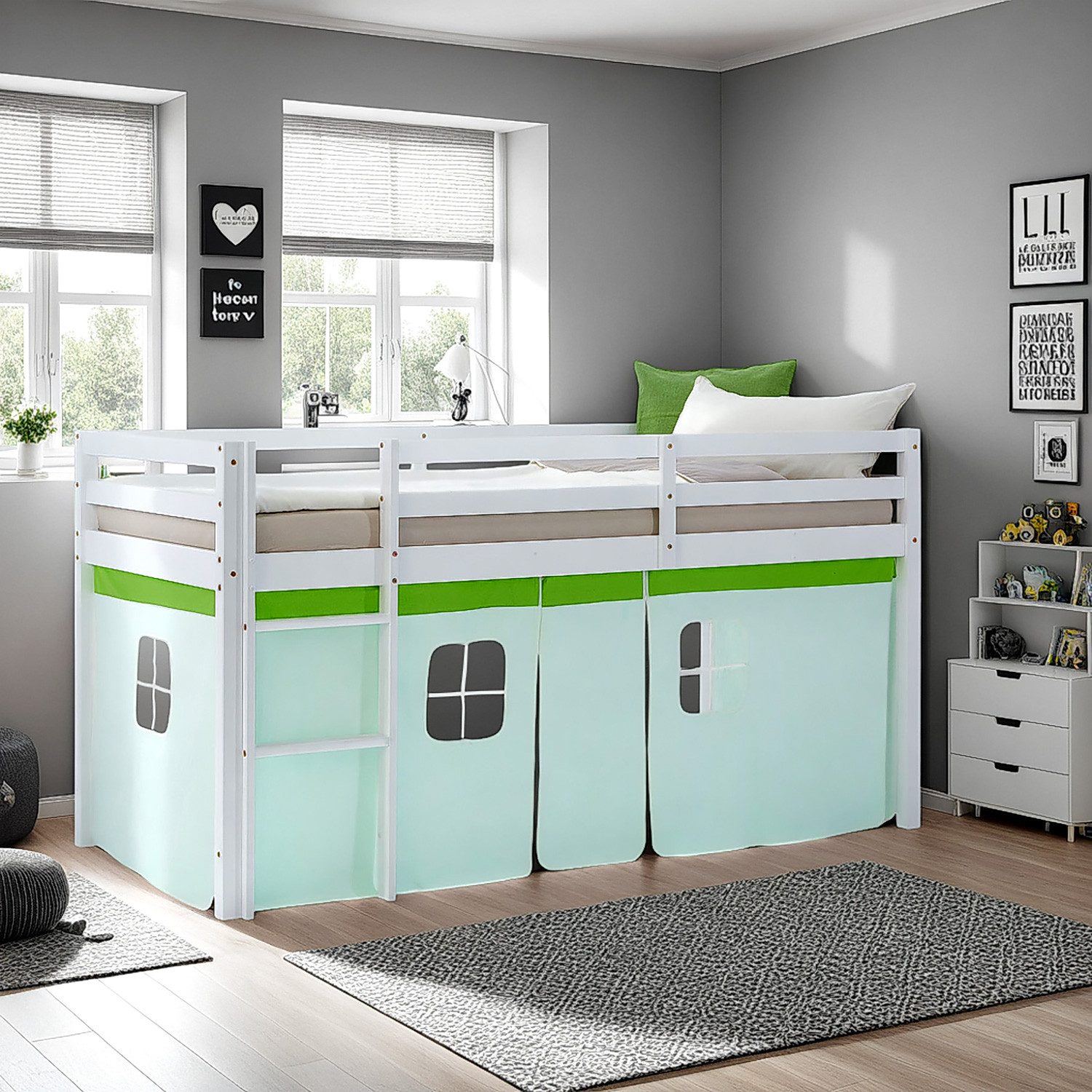 Homestyle4u Hochbett Kinder mit / ohne Rutsche 90x200 Spielbett Holz Jungen Grün Vorhang mit Rausfallschutz, Jungen
