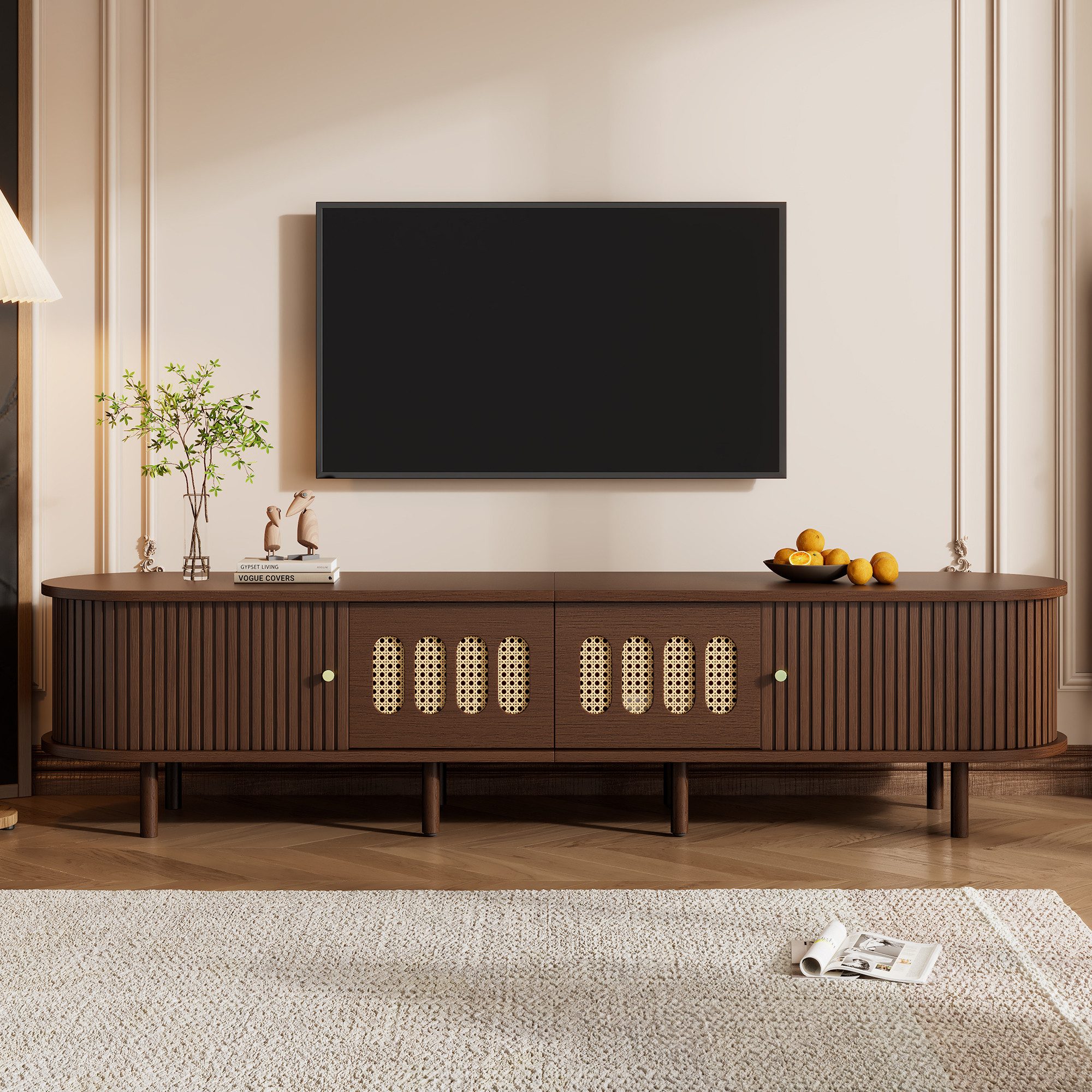 Merax Lowboard TV-Ständer mit Rattan-Design, (180×40×40cm, 1 St., Perfekt für Fernseher bis 80 Zoll), TV-Schrank mit 2 Rattan-Schubladen, 2 Rollladentüren und S – Bild 3 von 5