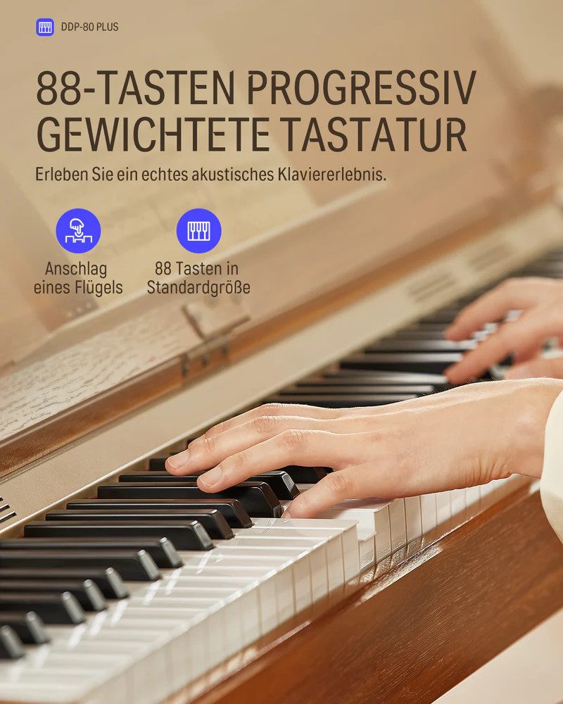 Donner Digitalpiano DDP 80 Upgrade Gewichtete Tasten mit Konzertstrings und Orgelklang (Set, mit Notenständer, Dreifachpedal, Netzteil), für Anfänger,Elektrisches Tastaturklavier zu Hause,128 Polyphonie