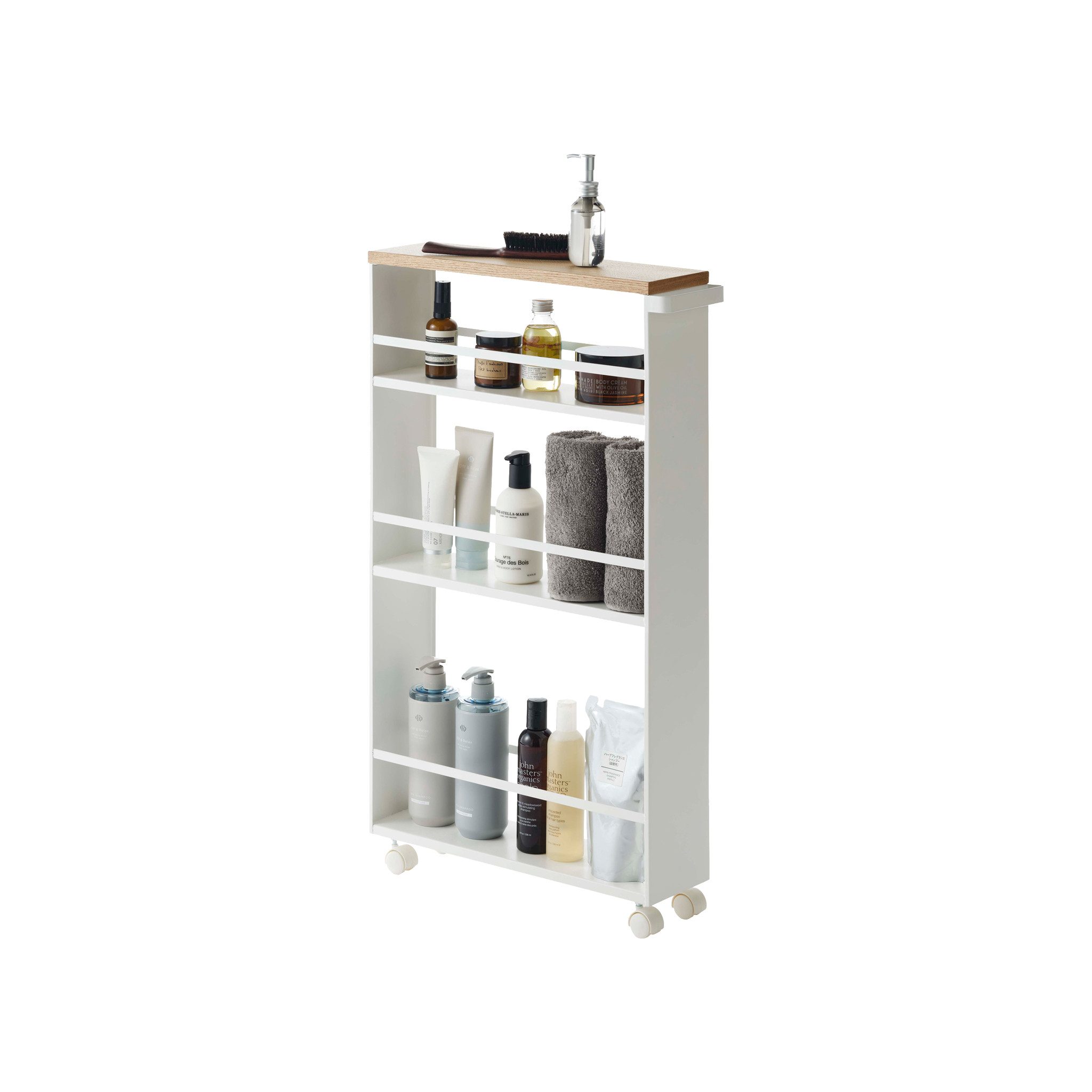 Yamazaki Rollwagen TOWER Schmaler Rollwagen mit Holzablage, Stahl / Holz, minimalistisch, 13 x 47,5 x 80,5 cm (L x B x H)