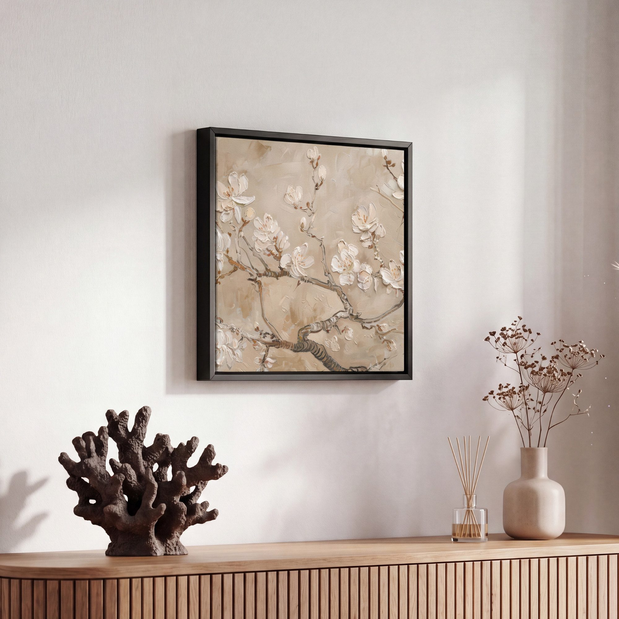 OneMillionCanvasses® Leinwandbild mit Rahmen - Blumen - Modern - Beige - Weiß - Blüte, Fotodruck (1 St), Leinwand Bilder Klein, Wand Dekoration Aesthetic 20x20c – Bild 5 von 5
