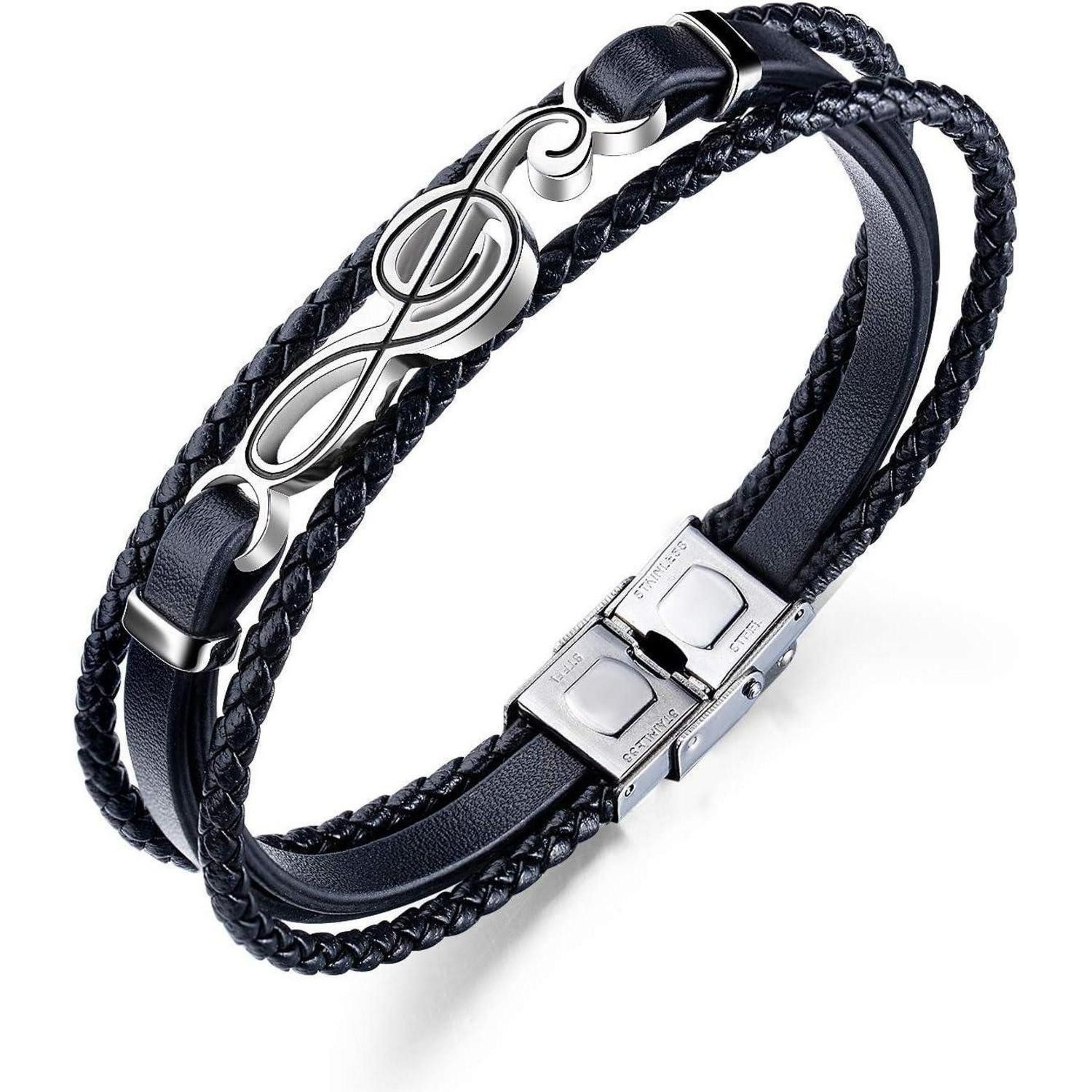 Lederarmband Herren Geflochtenes Leder Armband Edelstahl Schwarz Elegantes Design
