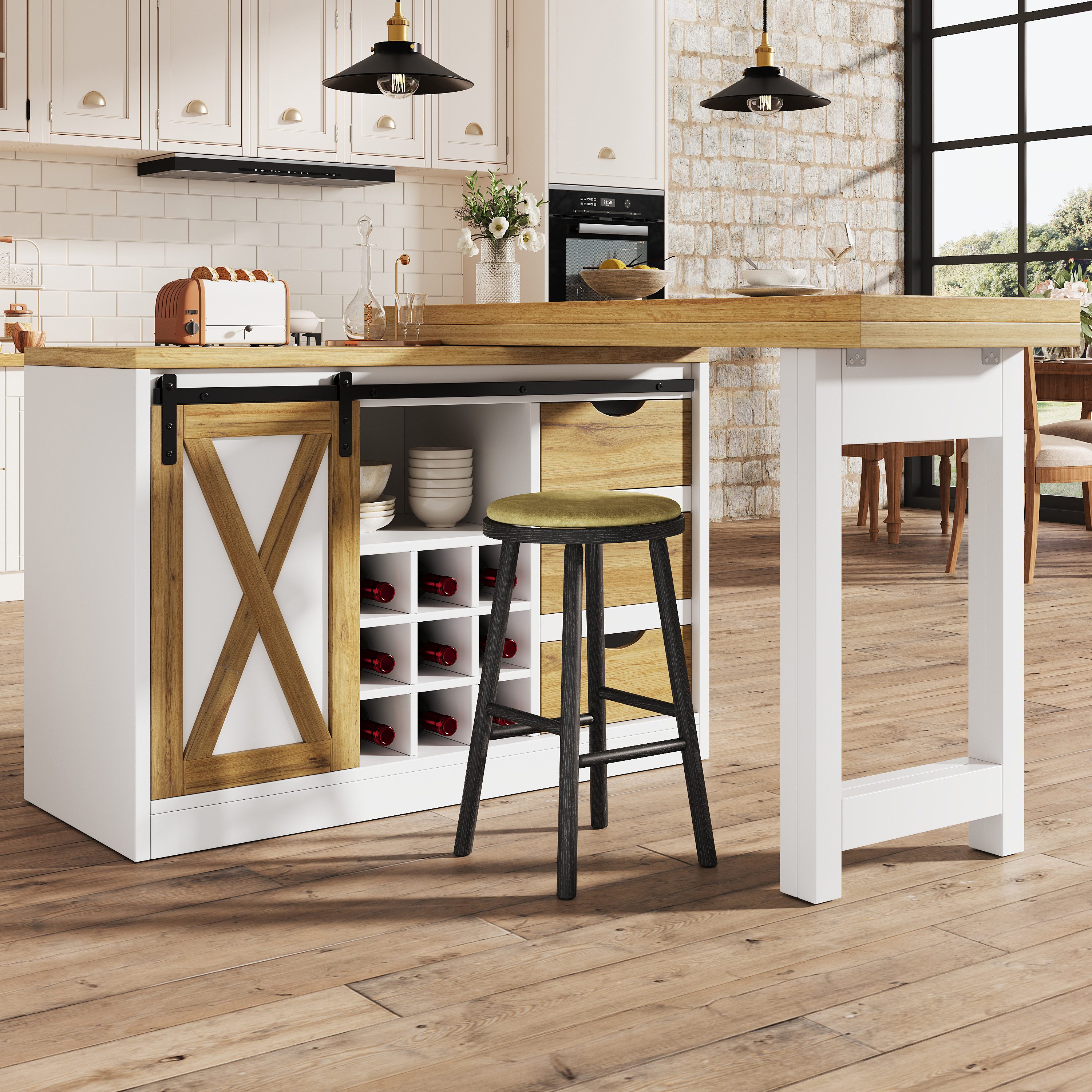 Flieks Kücheninsel Küchenschrank mit 360° drehbarer und klappbarer Arbeitstisch, (Holzoptik Tischplatte Tiefe 40-80cm, Längenverstellbar 120-197cm)