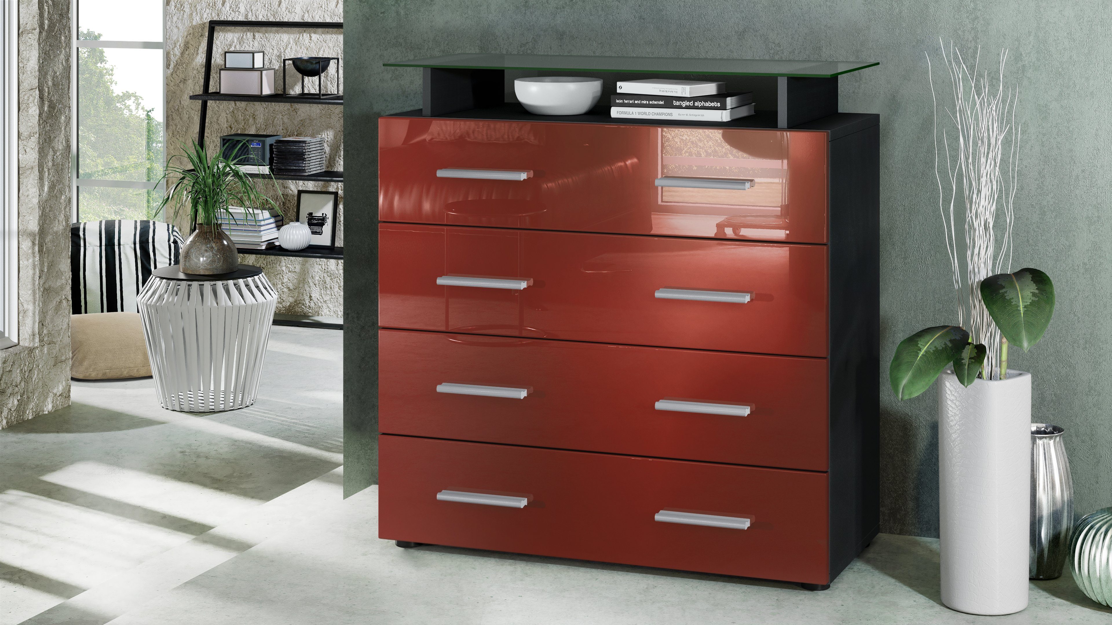 Vladon Kommode Pavos V2 (Kommode, mit 4 Schubladen und Glasablage), Schwarz matt/Bordeaux Hochglanz (76 x 81 x 35 cm)