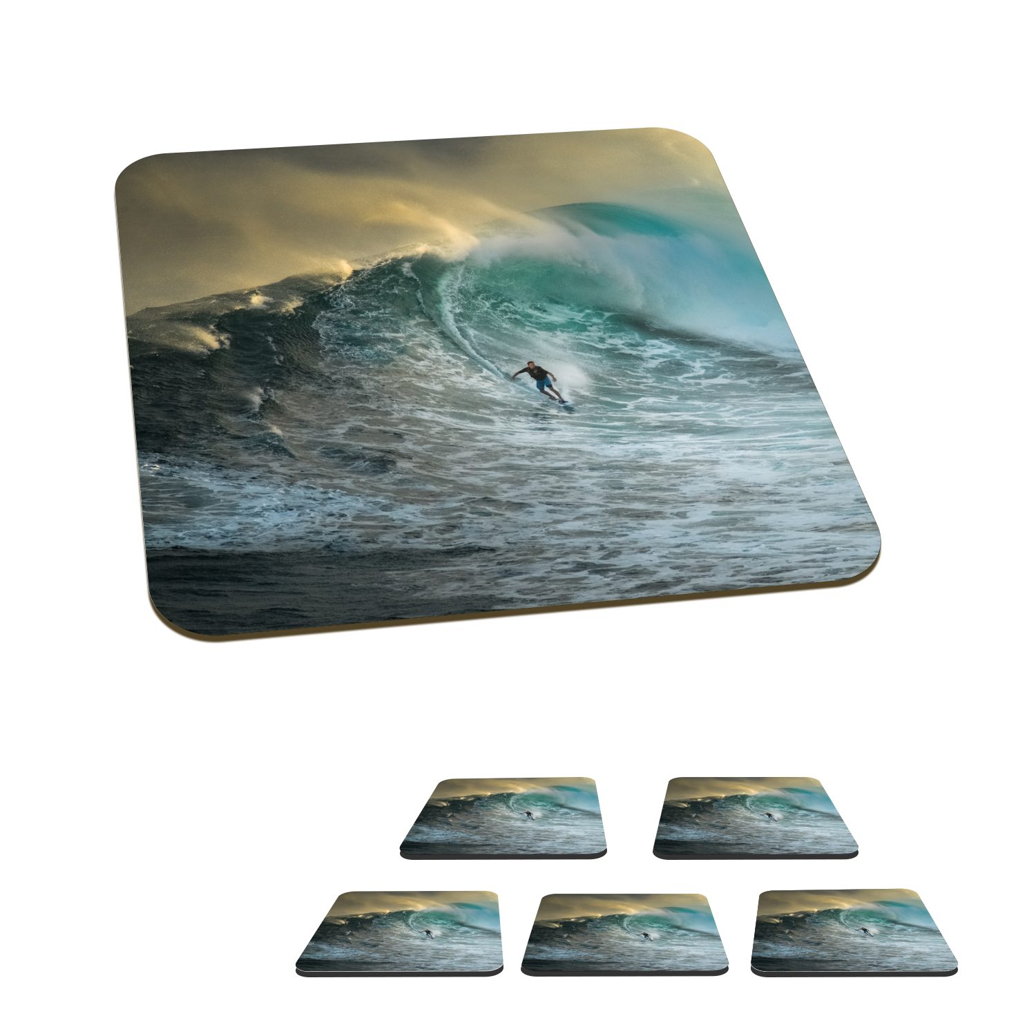 MuchoWow Glasuntersetzer Surfer auf großen Wellen, Zubehör für Gläser, 6-tlg., Glasuntersetzer, Tischuntersetzer, Korkuntersetzer, Untersetzer, Tasse