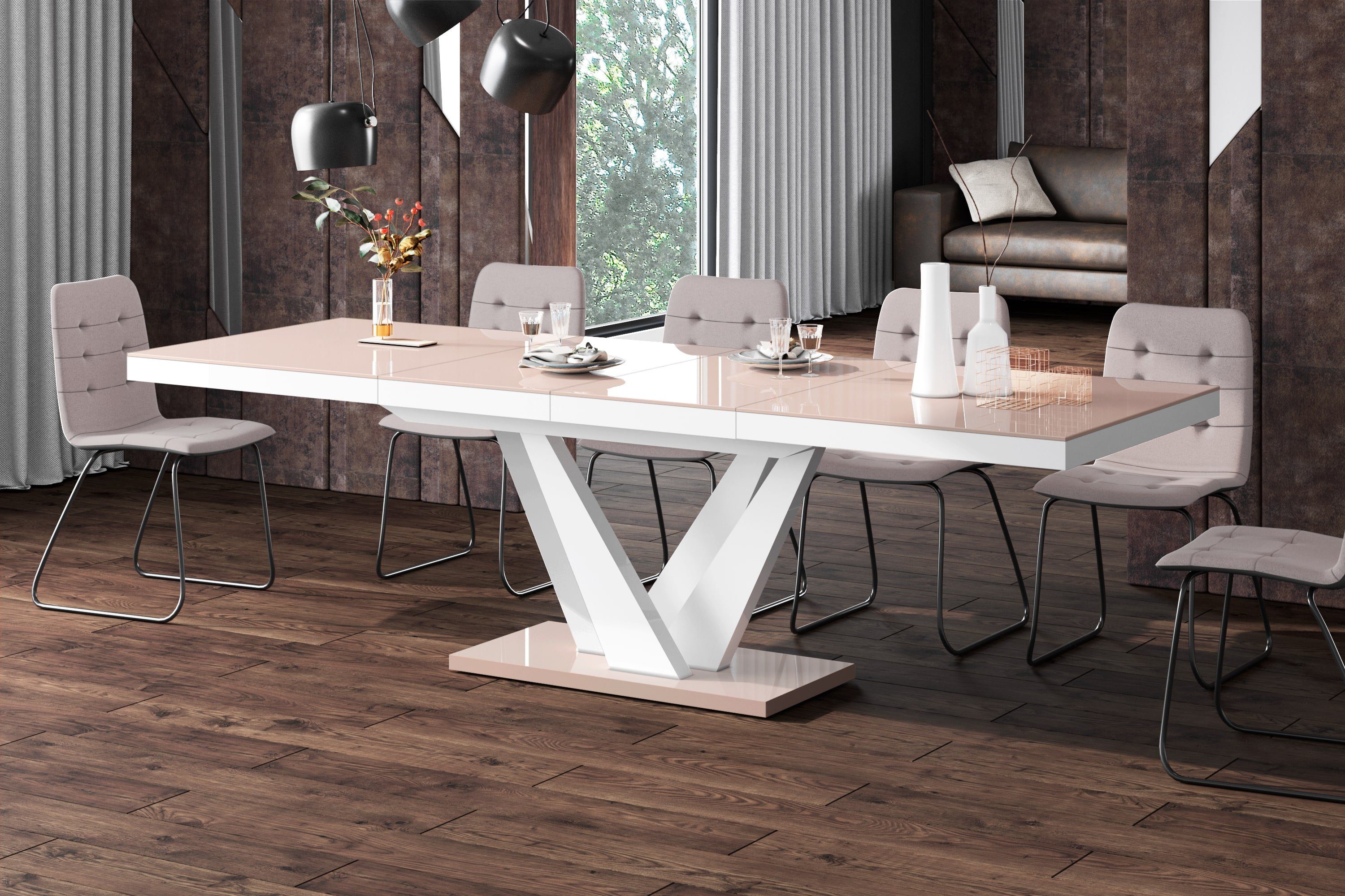 designimpex Esstisch Design Esstisch Tisch HEV-111 ausziehbar 160 bis 256 cm Cappuccino Hochglanz - Weiß Hochglanz | Esstische