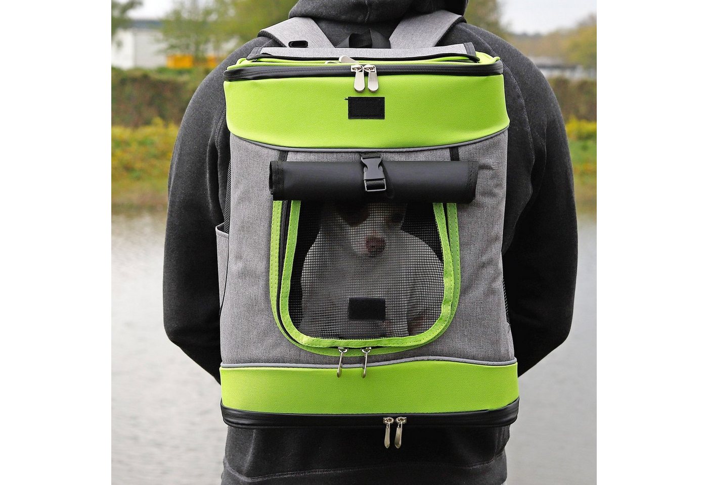 Thumbnail - lionto Tiertransporttasche Haustier-Rucksack für Hunde & Katzen bis 14 kg, 34 cm x 30 cm x 42 cm, grau/grün