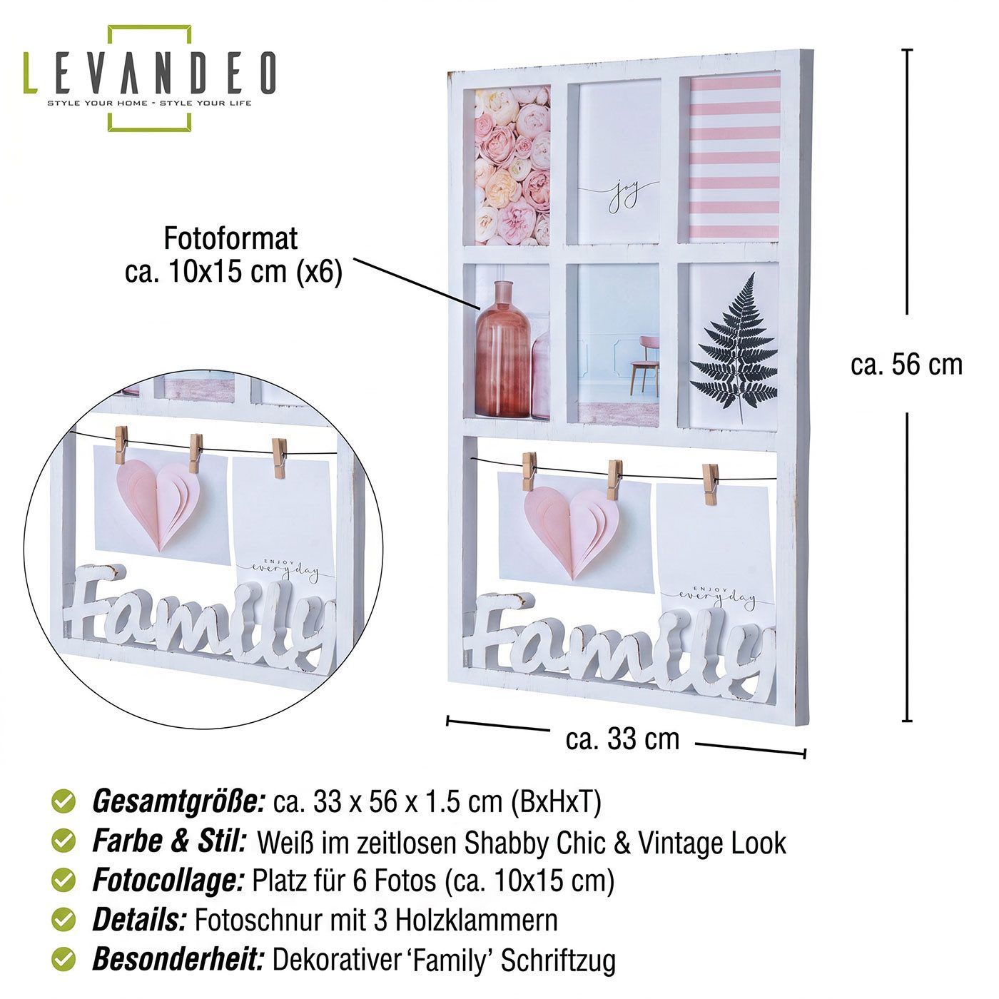 Levandeo® Bilderrahmen Collage, Family Bilderrahmen 6 Fotos 10x15 Fotogalerie Shabby Chic Vintage Weiß