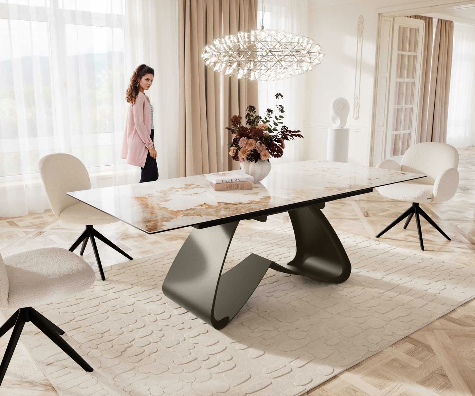DELIFE Esstisch Edge, Keramik Minas Melange Weiß-Beige 180-220x100 W-Gestell Effektfinish Ti