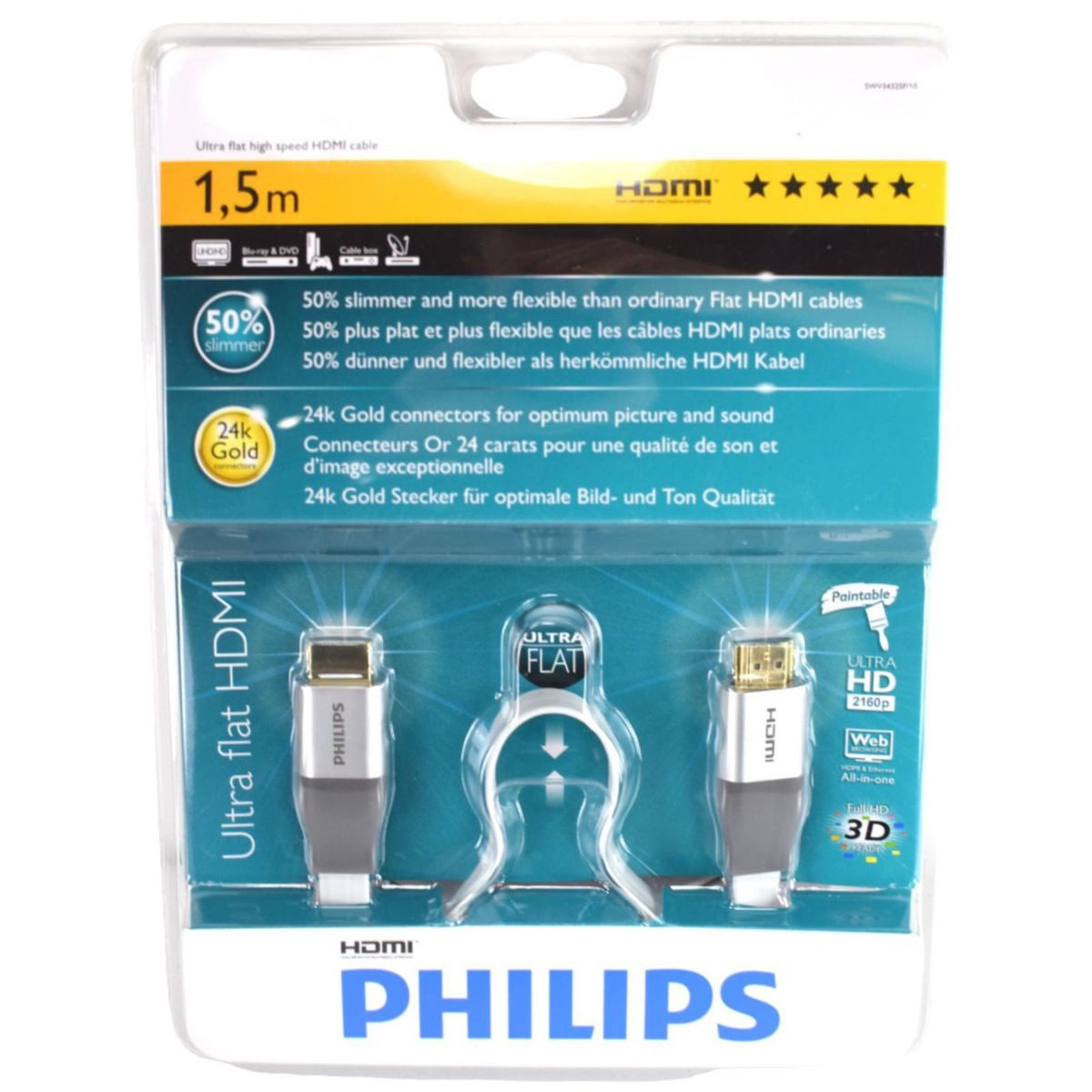 Philips Videokabel vergoldet 1,5m extra flach in weiß für HDTV ultra flat HDMI-Kabel, (150 cm), extra flexibel