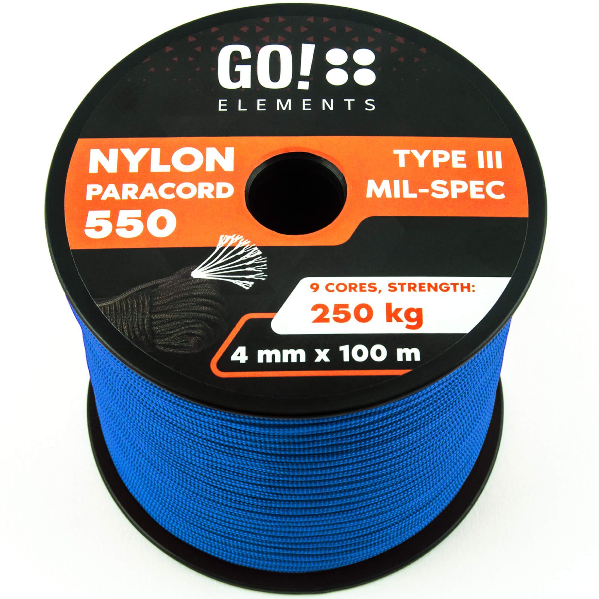 GO!elements Paracord 550 - 4mm Abspannleine, 100m Paracord Seil aus reißfester Nylonschnur - 4mm Paracord 550 Typ III Schnur - geeignet als Allzweckseil & Reepschnur Max. 250kg