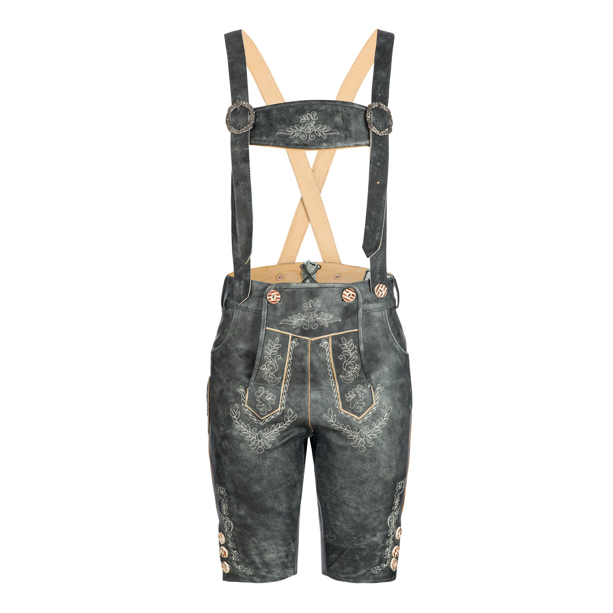 BOHMBERG Trachtenlederhose Damen Lederhose knielang Echtleder Antik Grau mit Hosenträgern