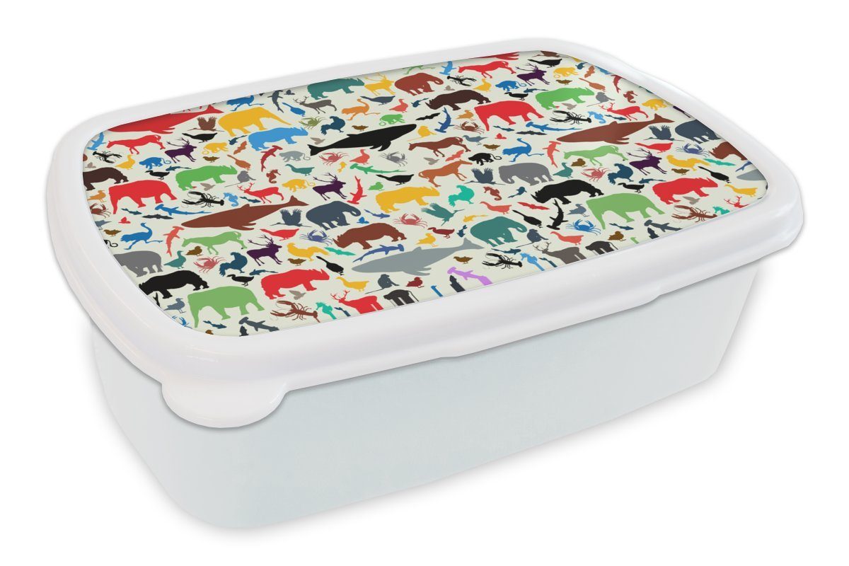 MuchoWow Lunchbox Regenbogen - Tiere - Muster - Kinder, Kunststoff, (2-tlg), Brotbox für Kinder und Erwachsene, Brotdose, für Jungs und Mädchen weiß