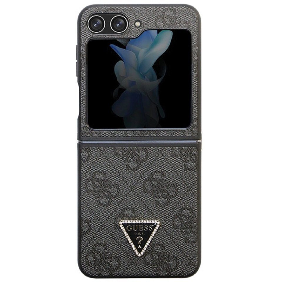 Guess Handyhülle Case für Galaxy Z Flip 5 Kunstleder schwarz Triangle Strass 6,7 Zoll, Kantenschutz