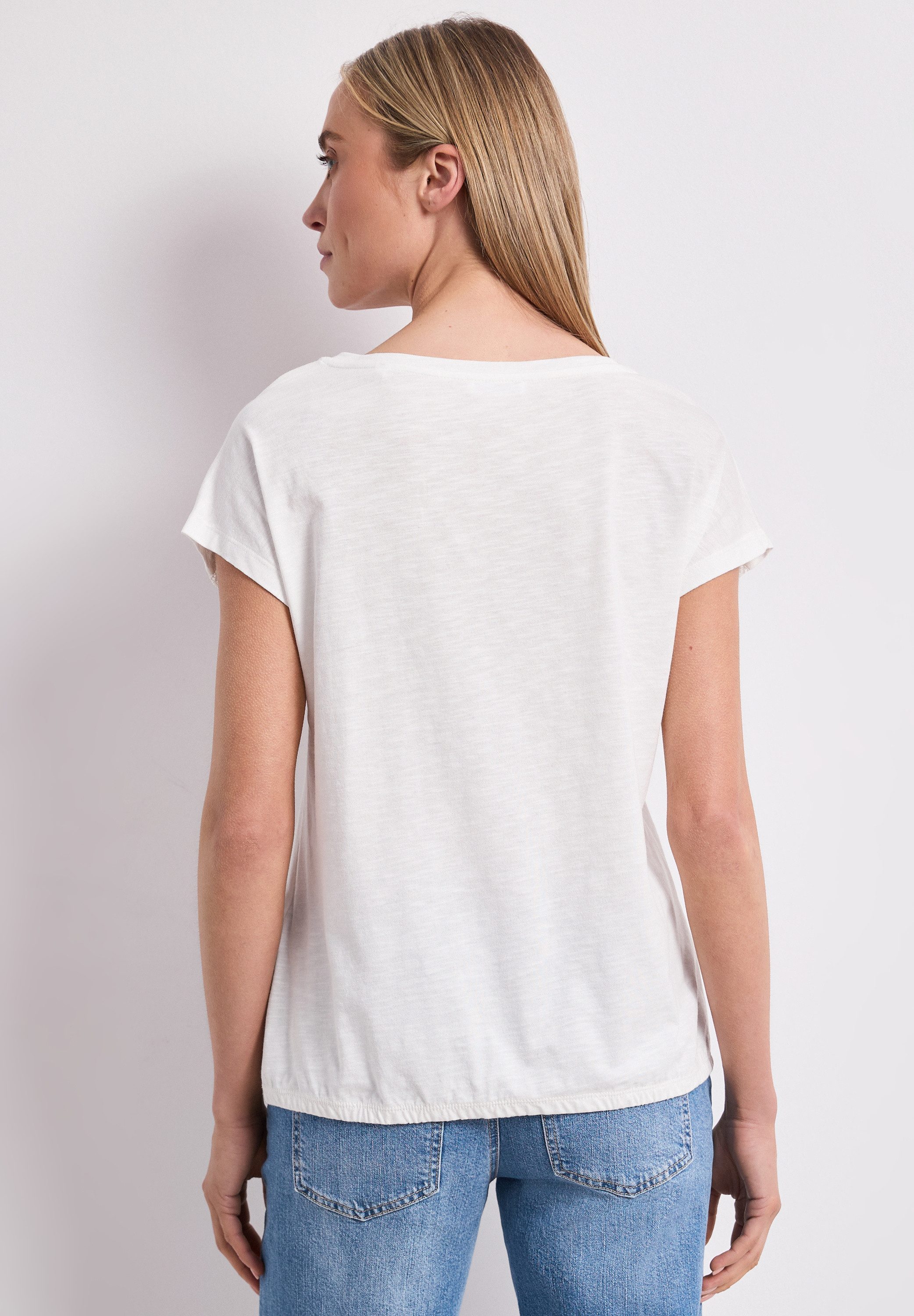 STREET ONE Kurzarmshirt Sommershirt mit V-Neck und Crochet-Details