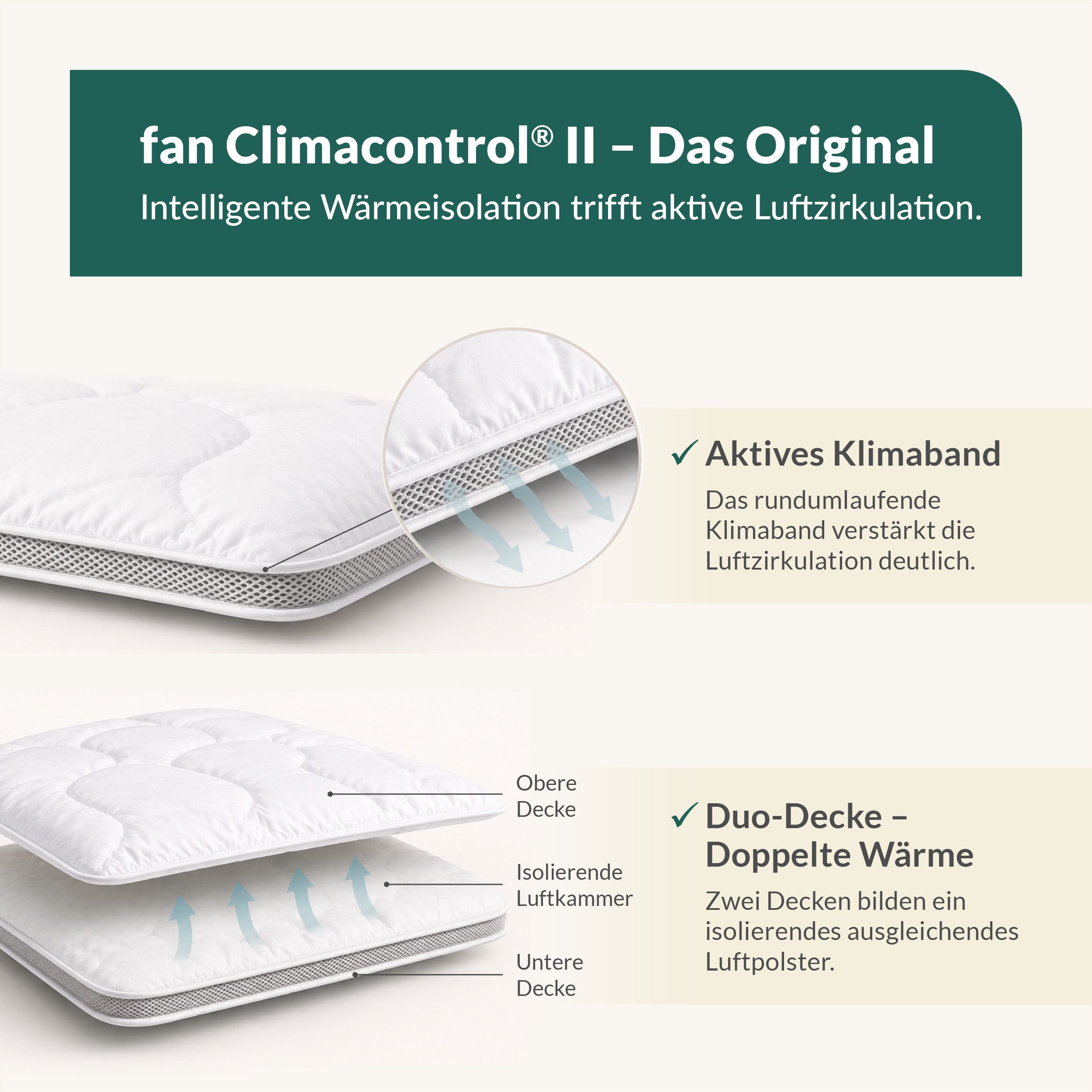 fan Microfaserbettdecke Climacontrol® II, Bettdecken für den Winter, Made in Germany, Füllung: 100% Polyester, Bezug: 100% Baumwolle, Bettdecke 135x200 cm, 155x220 cm und weiteren Größen, Decke