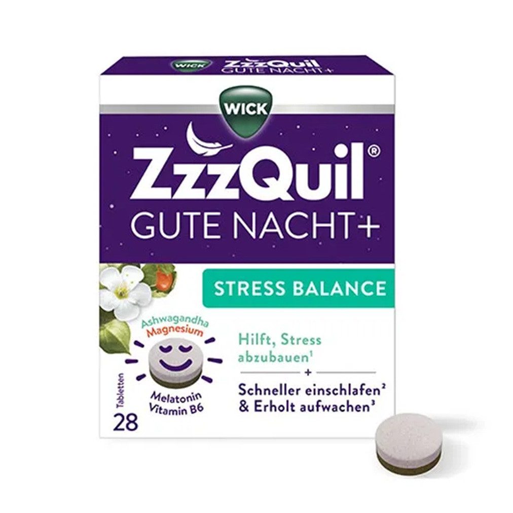 WICK ZzzQuil Gute Nacht + Stress Balance Tabletten, 28 St., 21,8 g, Mit Melatonin und pflanzlichen Extrakten