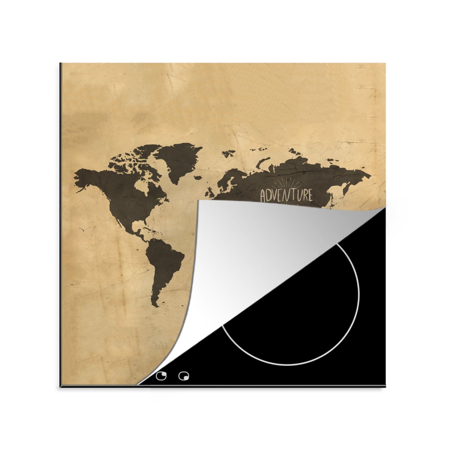 MuchoWow Herdblende-/Abdeckplatte Weltkarte - Braun - Vintage, Vinyl, (1 tlg), 78x78 cm, Ceranfeldabdeckung, Arbeitsplatte für küche | Herdabdeckplatten