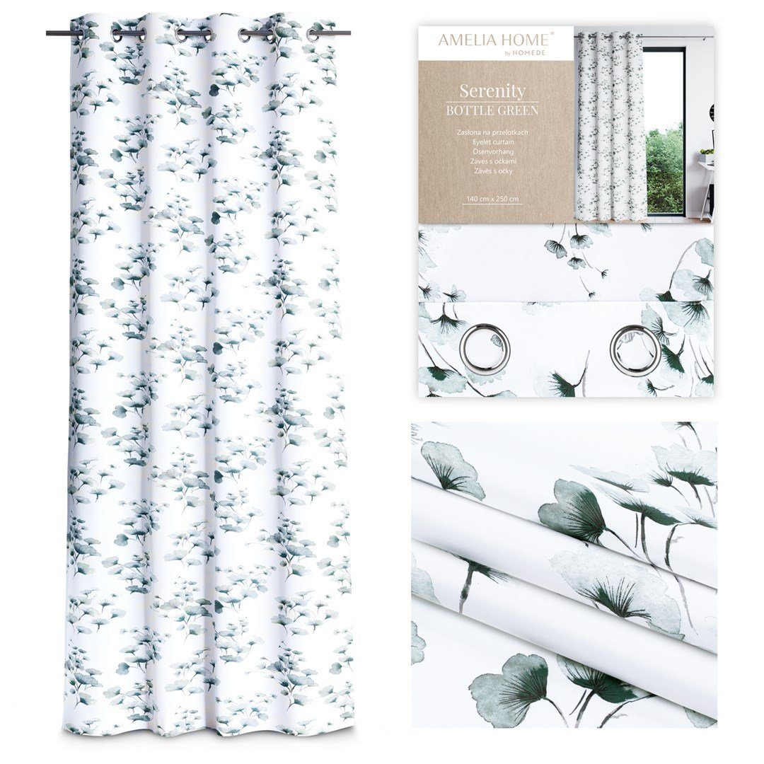 Vorhang Vorhang Blätter Olive, Ösen Gardine Ösen (1 Flaschengrün Einfarbiges AmeliaHome, Lichtschutz St), Weiß