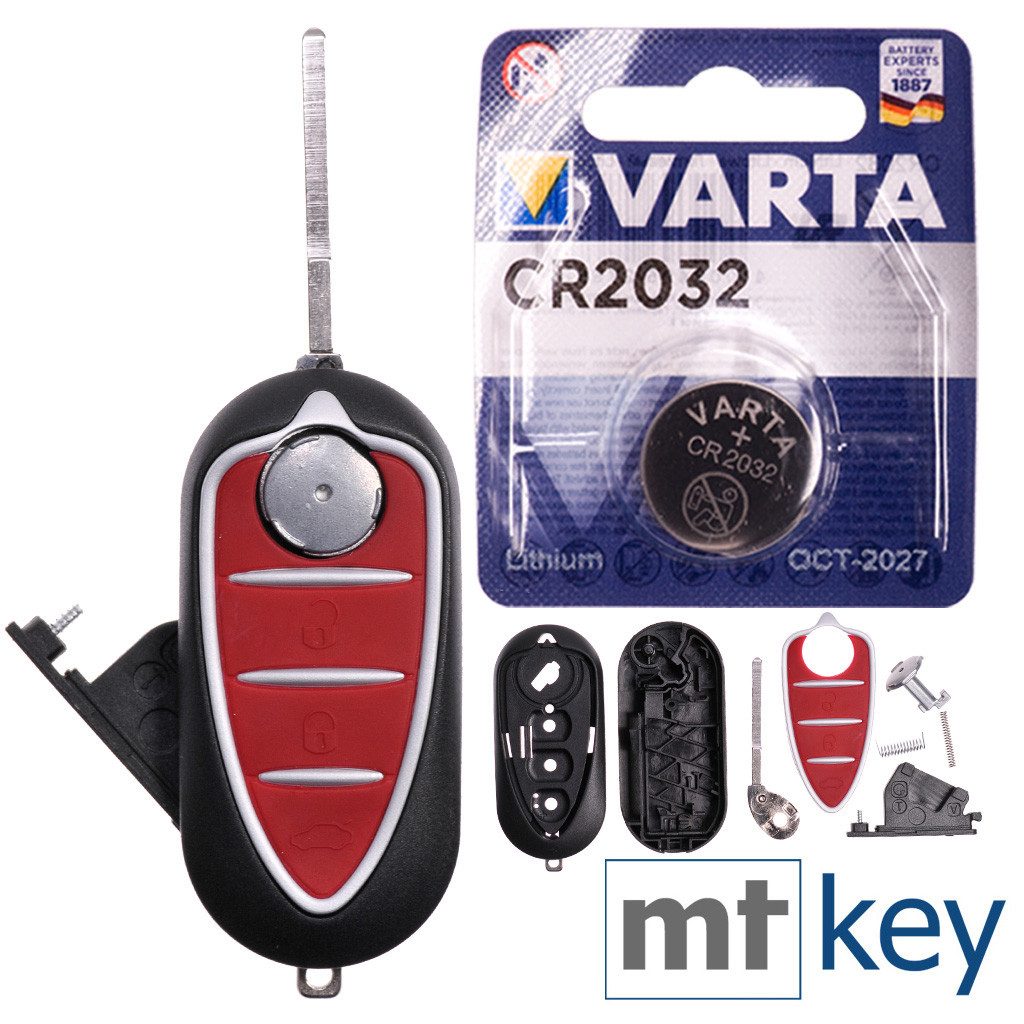 mt-key Auto Klapp Schlüssel Ersatz Gehäuse 3 Tasten + Rohling + VARTA CR2032 Knopfzelle, CR2032 (3 V), für ALFA ROMEO Mito 2008-2013 Funk Fernbedienung