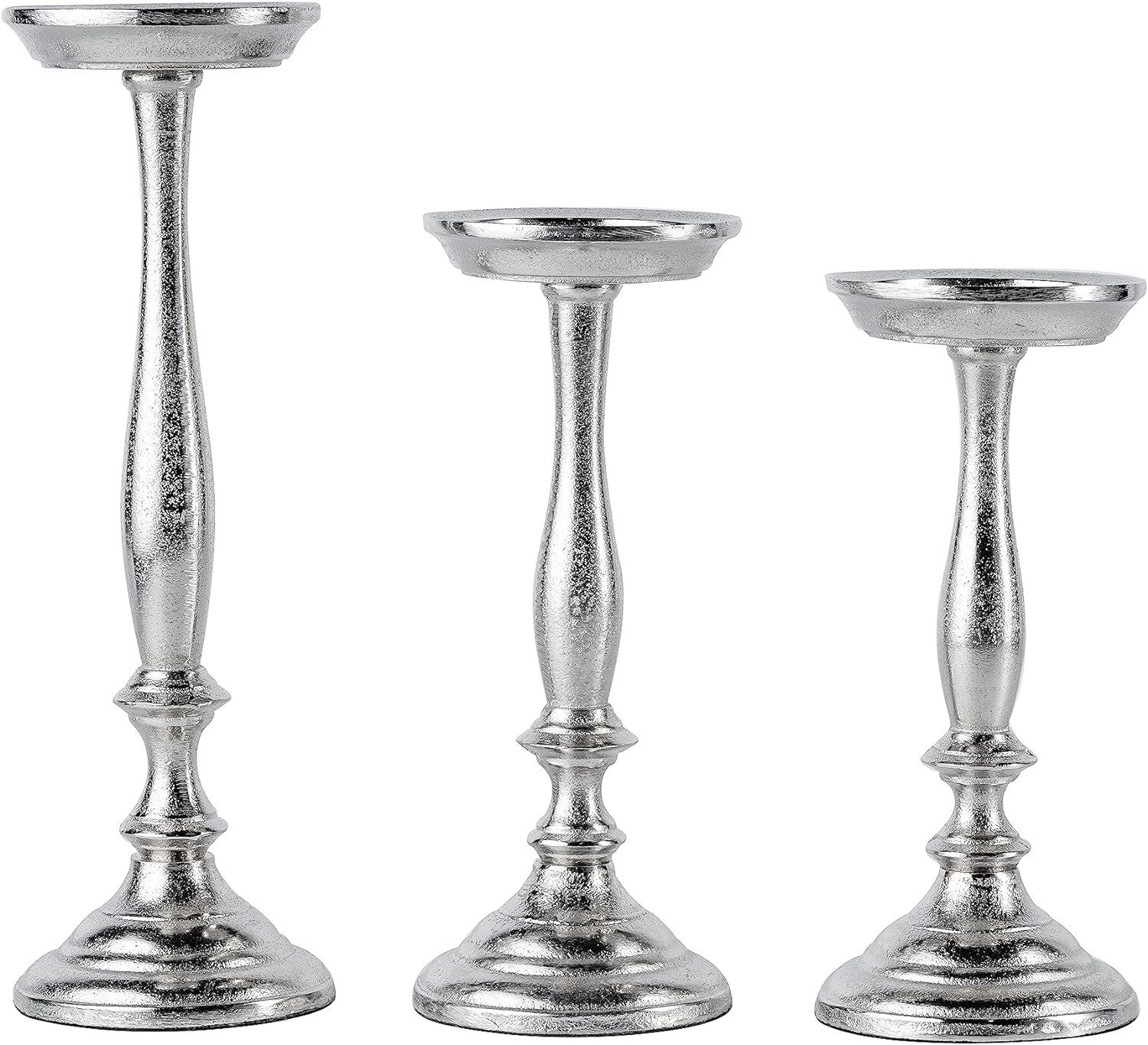 MichaelNoll Kerzenständer Kerzenständer 3er Set Silber Deko Stumpenkerzen - H 24, 26 und 33 cm