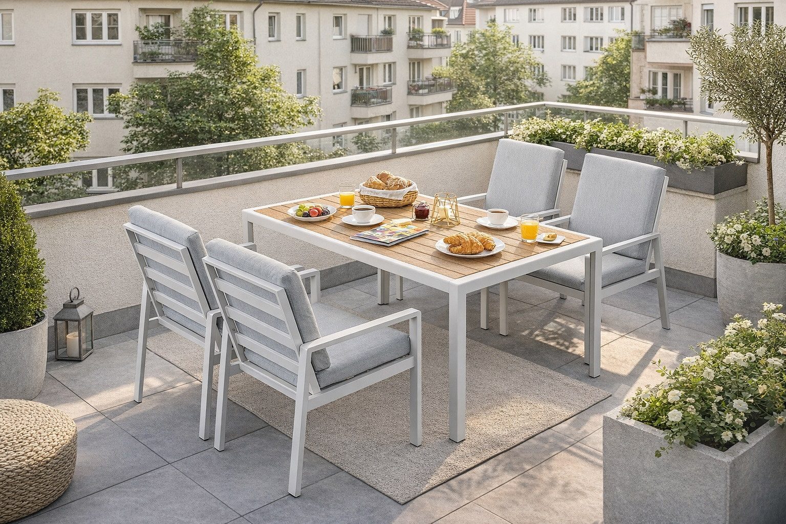 MeXo Gartenlounge-Set Gartenmöbel Set aus Aluminium mit Esstisch, (wetterfest, hoher Sitzkomfort, 5-tlg., bis 140 kg belastbar), mit pflegeleichte Polywood-Tischplatte, geeignet für 4 Personen