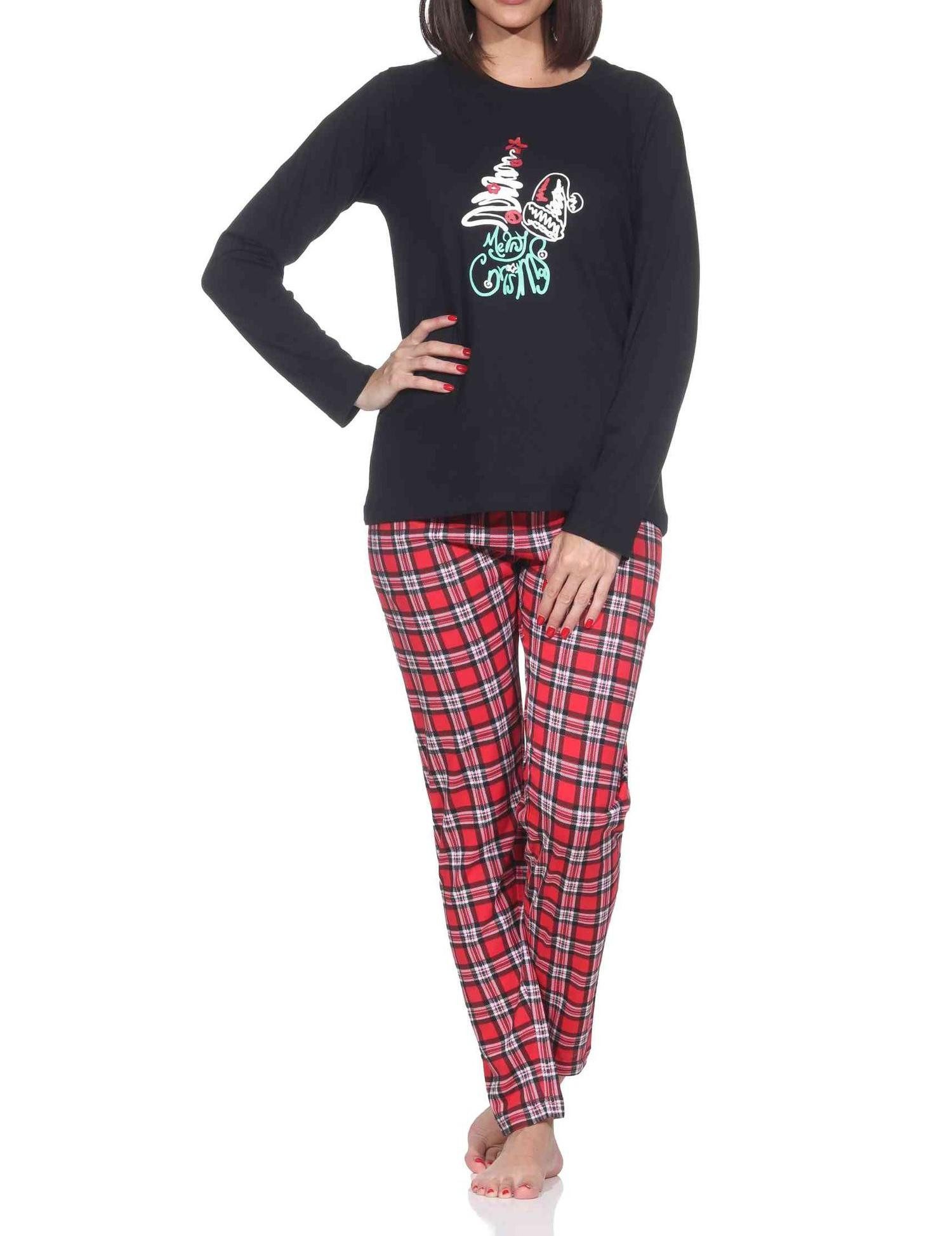Normann Pyjama Damen Weihnachts Schlafanzug mit lustigen weihnachtlichen Motiv