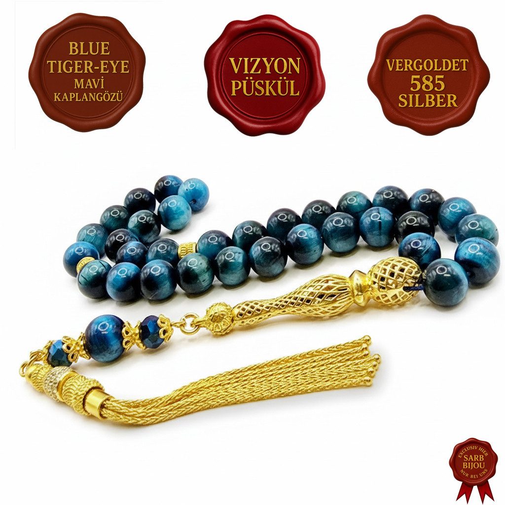 M-Punkt24 Кулоны Tesbih Tespih Echte Steine Gebetskette Misbaha Rosary (Mavi Kaplangözü Blue Tigereye, Vizyon Püskül, Echt-Silber, 585 Vergoldet), Echte Steine