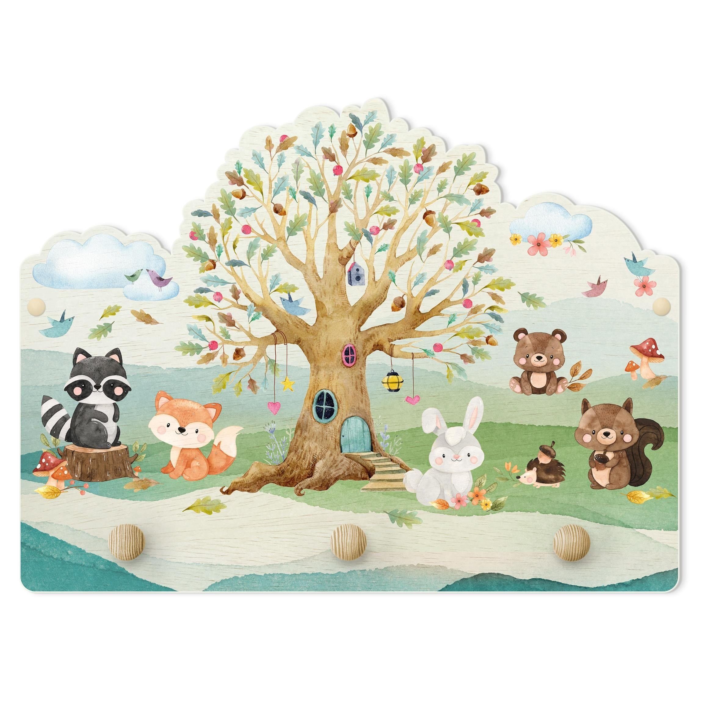 Bilderdepot24 Garderobenpaneel bunt Wasserfarben Illustration Tiere Aquarell Waldtiere Baum (Kindergarderobe holz Kleiderhaken für die Wand inkl. Montagematerial), moderne Wand Garderobenleiste Flur - kleine Hakenleiste Kinderzimmer
